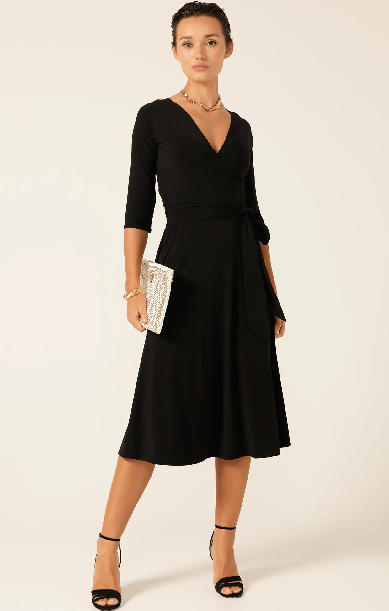 3/4 SLEEVE REVERSE WRAP MIDI DRESS IN BLACK