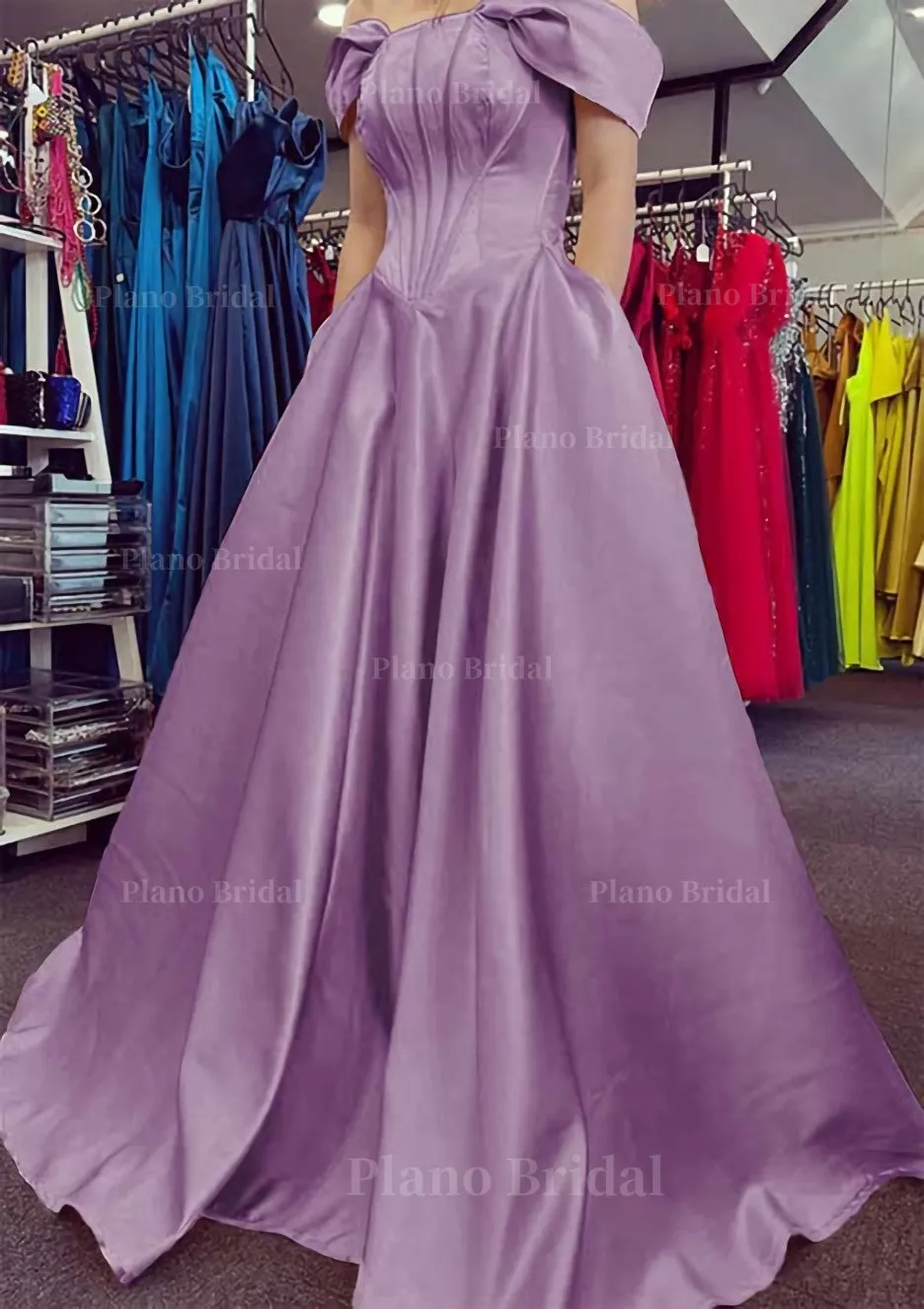 A-line Off-the-Shoulder Strapless Long/Floor-Length Satin Prom Dress With Pleated Pockets