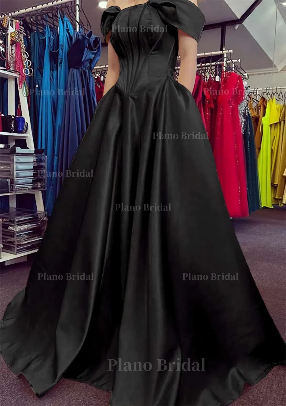 A-line Off-the-Shoulder Strapless Long/Floor-Length Satin Prom Dress With Pleated Pockets