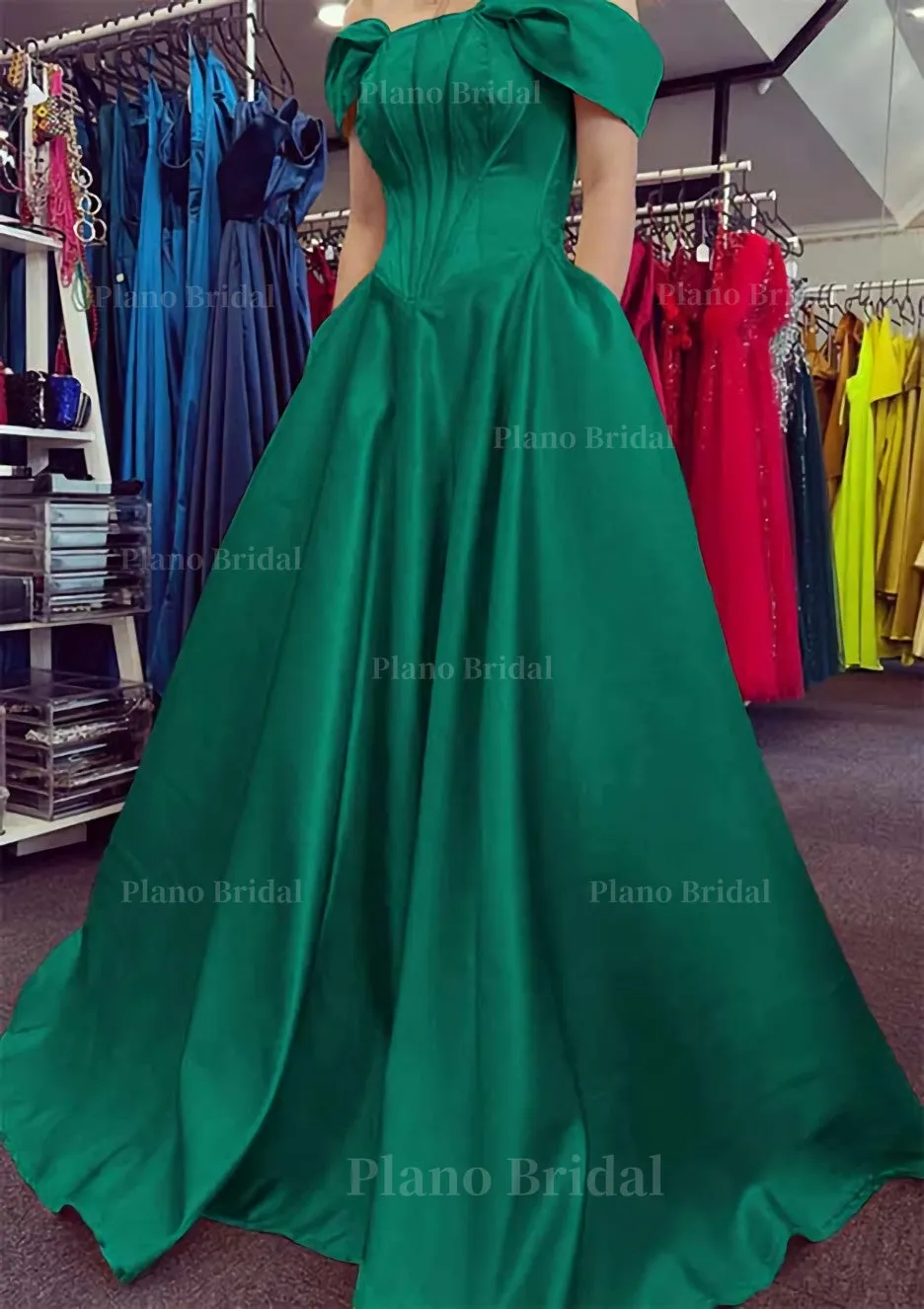 A-line Off-the-Shoulder Strapless Long/Floor-Length Satin Prom Dress With Pleated Pockets