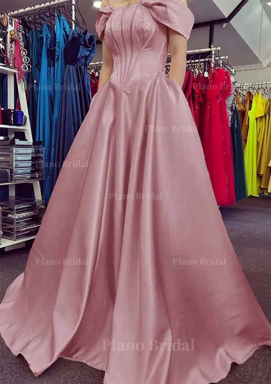 A-line Off-the-Shoulder Strapless Long/Floor-Length Satin Prom Dress With Pleated Pockets