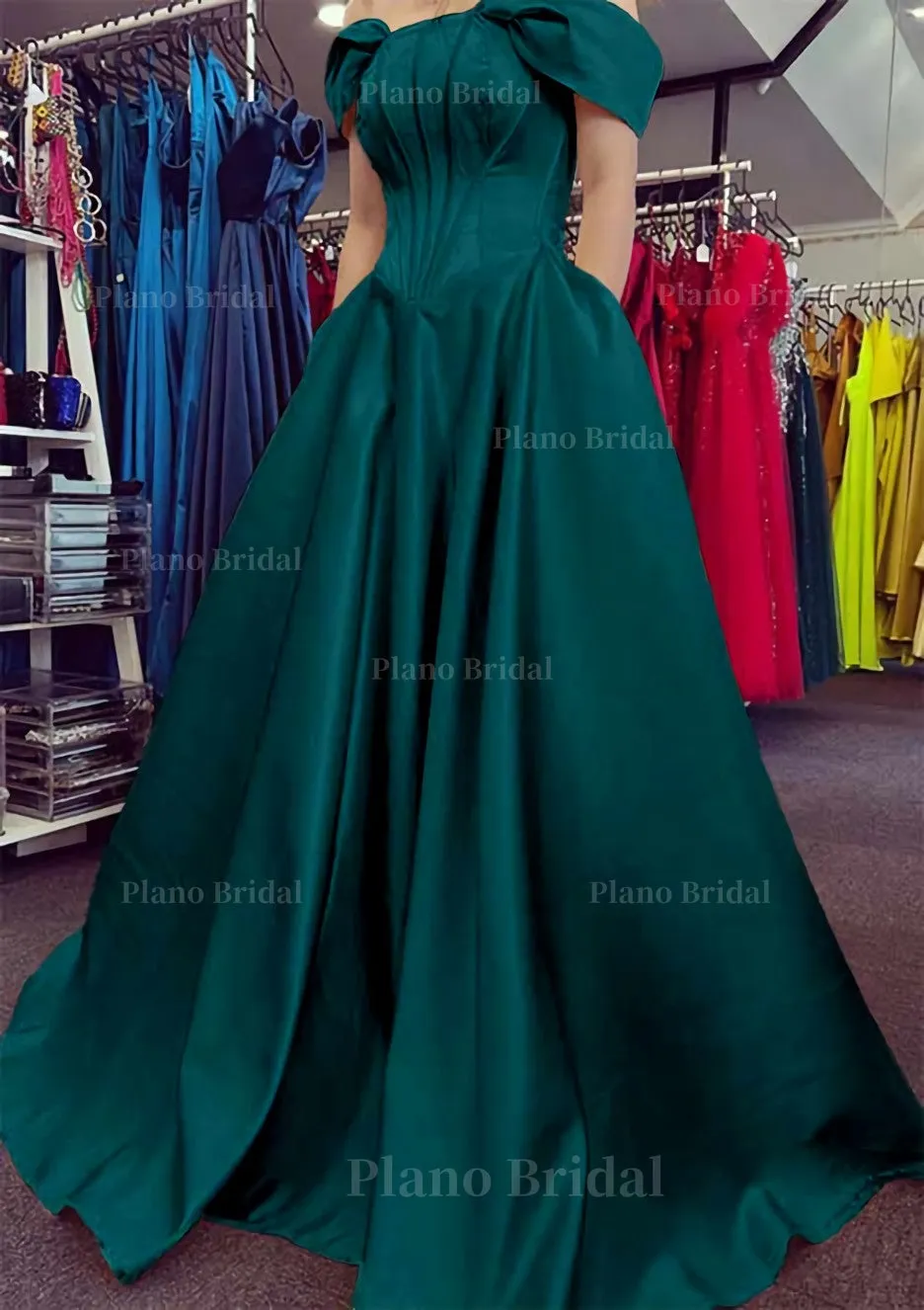 A-line Off-the-Shoulder Strapless Long/Floor-Length Satin Prom Dress With Pleated Pockets