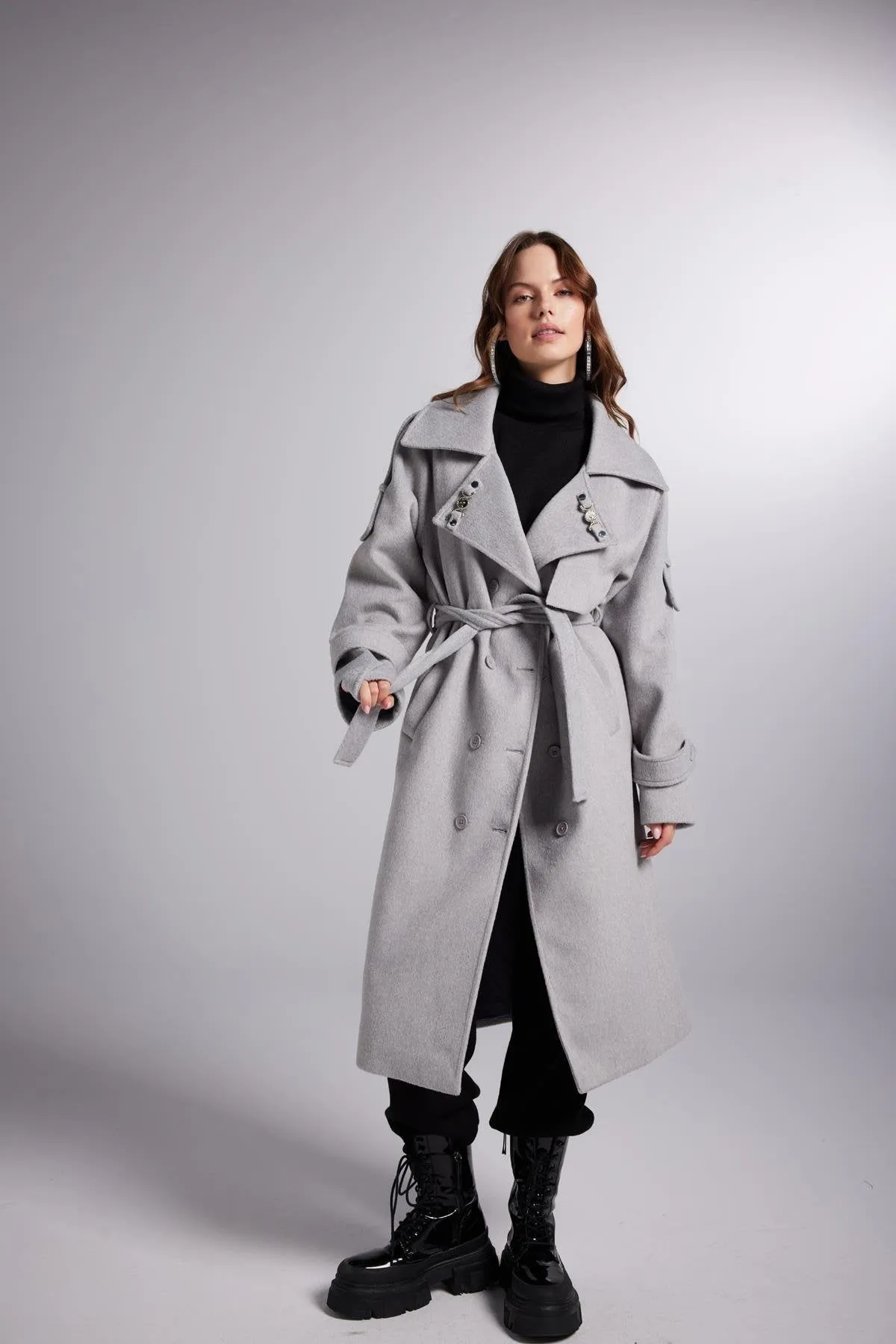 Accessorized Wool Blended Cashmere Maxi Woody Grey Coat