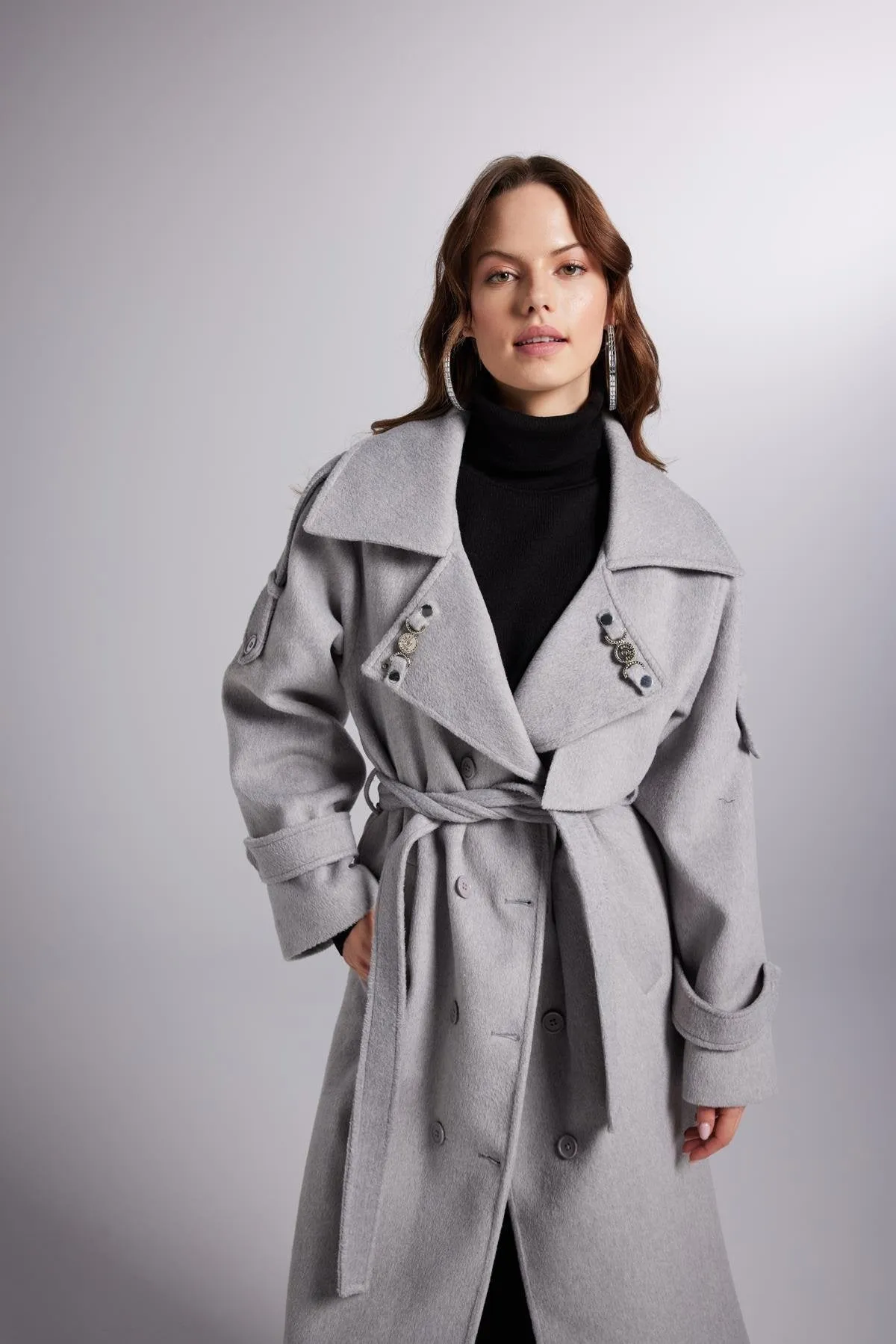 Accessorized Wool Blended Cashmere Maxi Woody Grey Coat