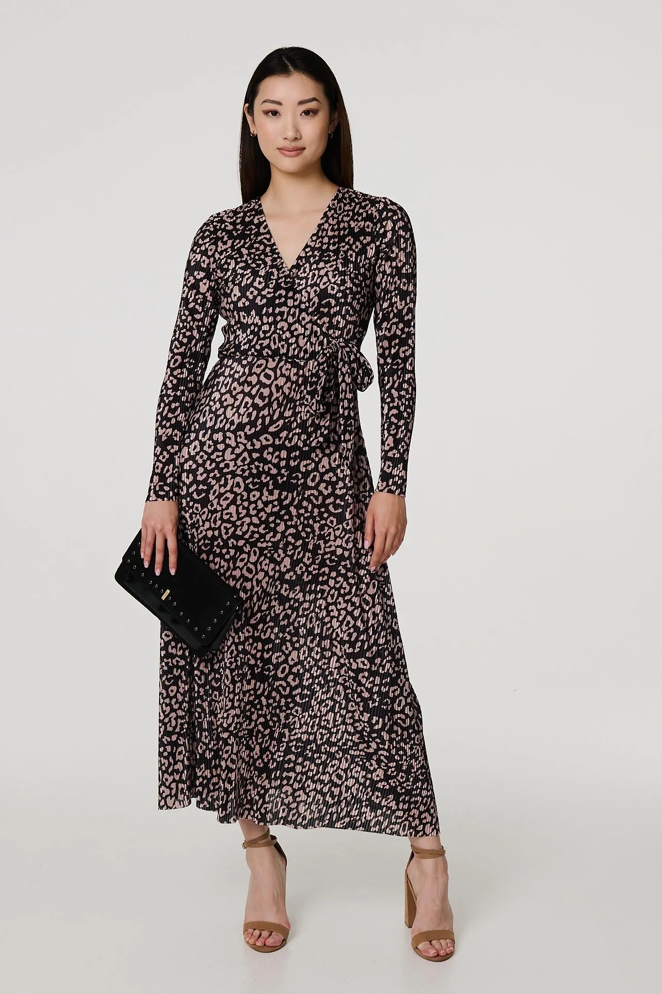 Animal Print Pleated Wrap Midi Dress