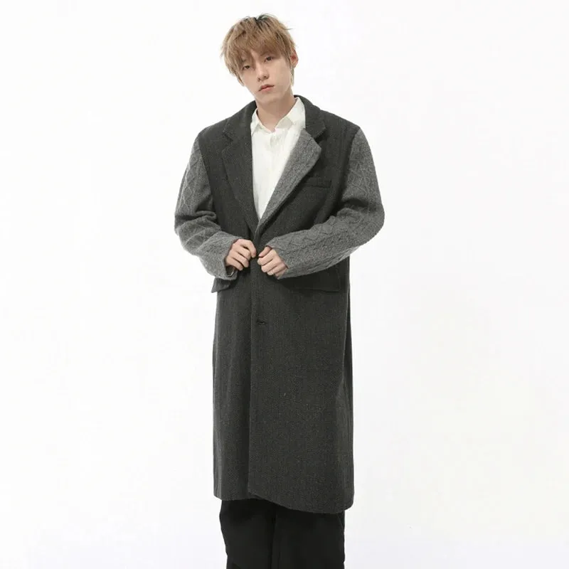 Autumn Men's Woolen Overcoats Knitting Patchwork Shoulder Padded Single Breasted Lapel Contrast Color Male Trench 9C8739