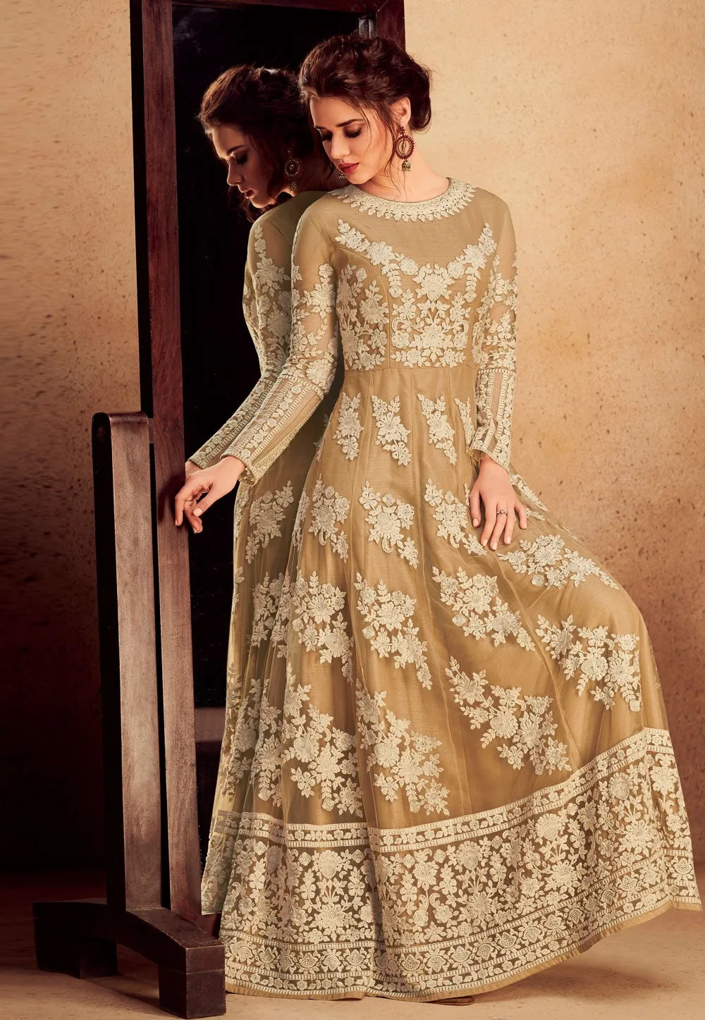 Beige Overall Floral Embroidered Silk Anarkali Suit