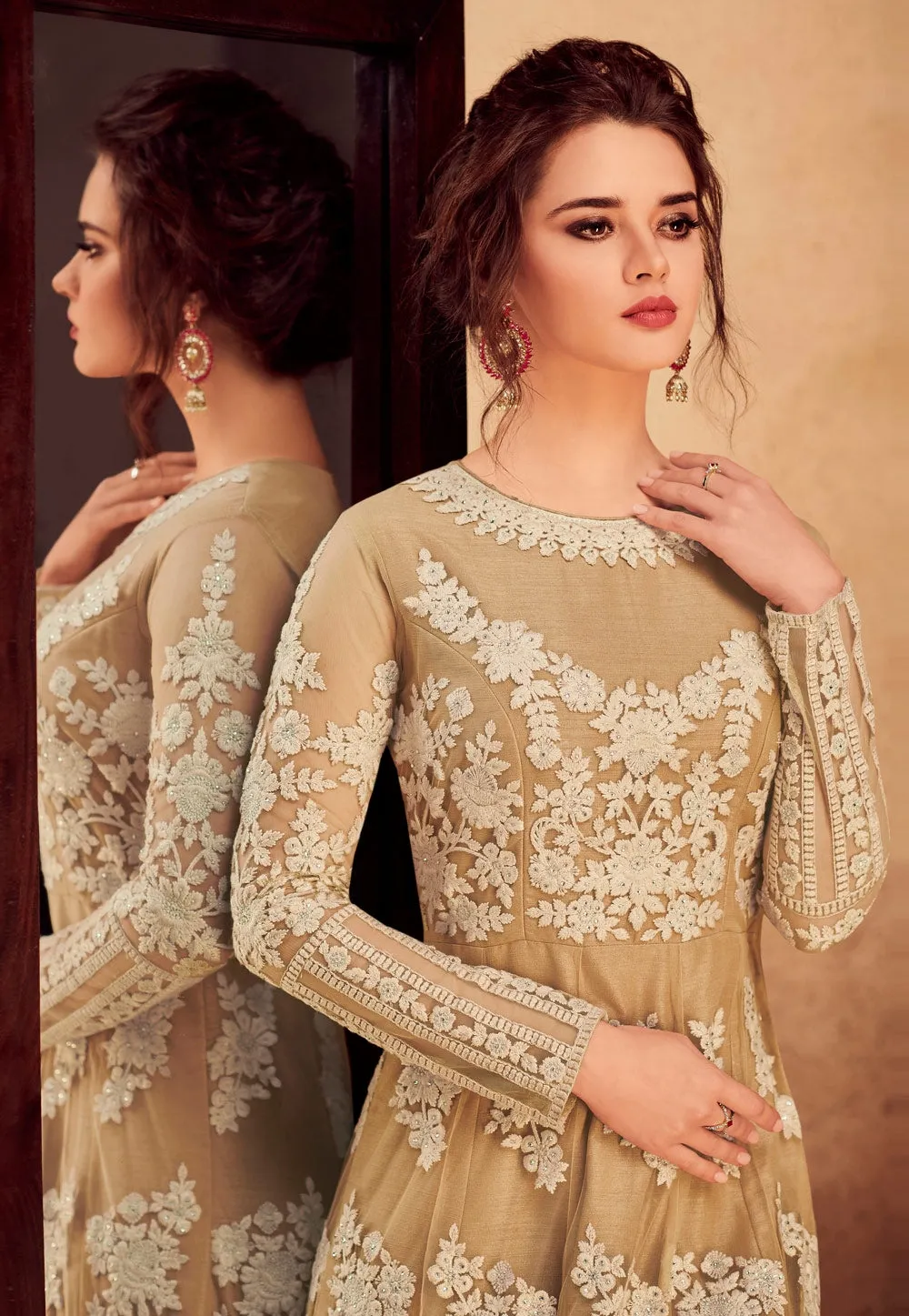 Beige Overall Floral Embroidered Silk Anarkali Suit