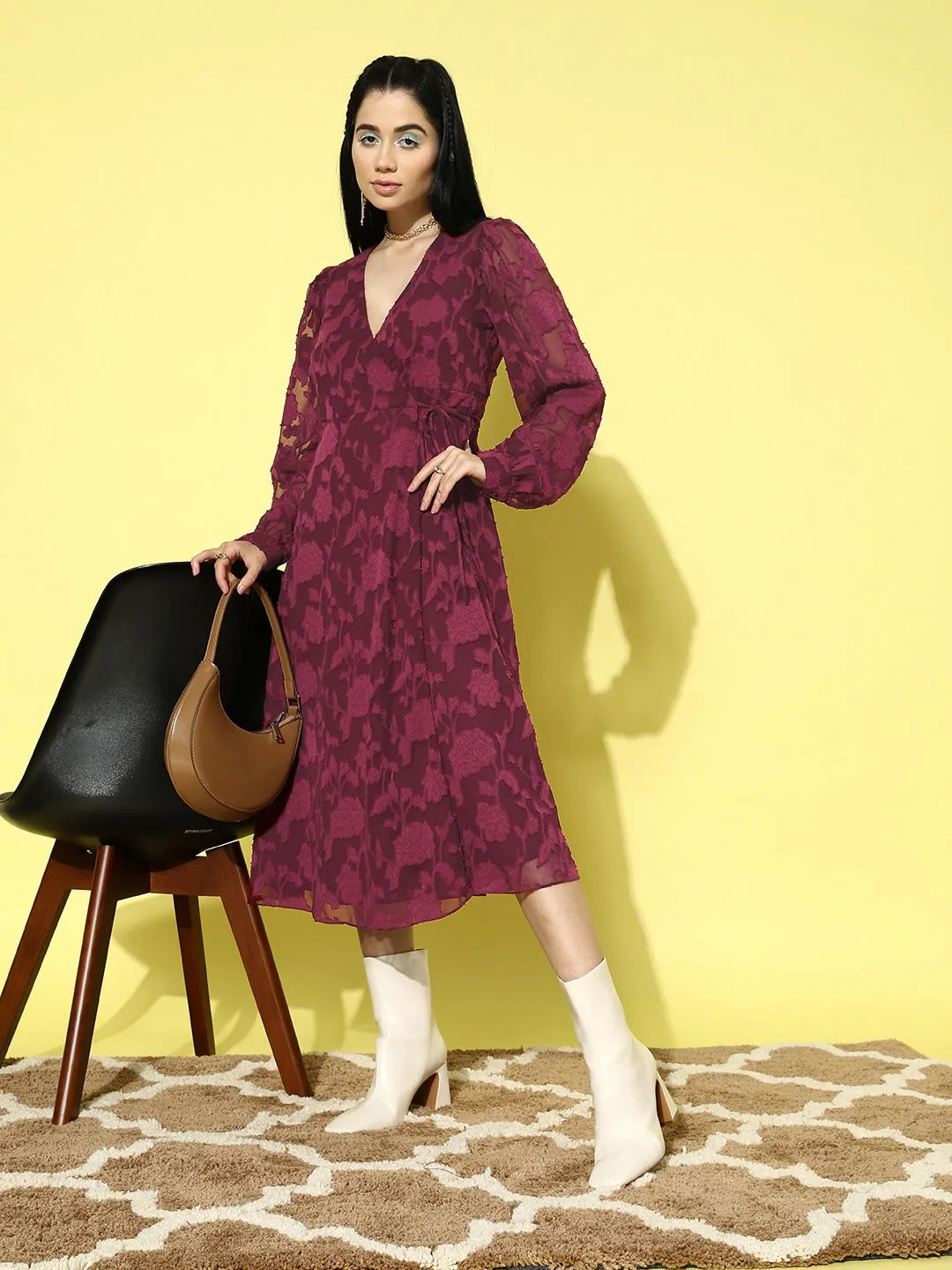 Berrylush Women Maroon Floral Pattern V-Neck Bishop Sleeves Jacquard Layered Wrap Midi Dress