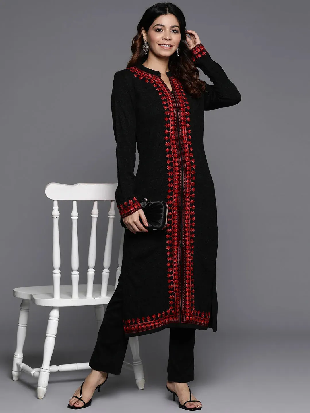 Black Embroidered Wool Straight Kurta Set