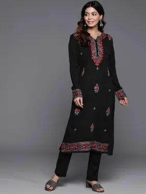 Black Embroidered Wool Straight Kurta Set