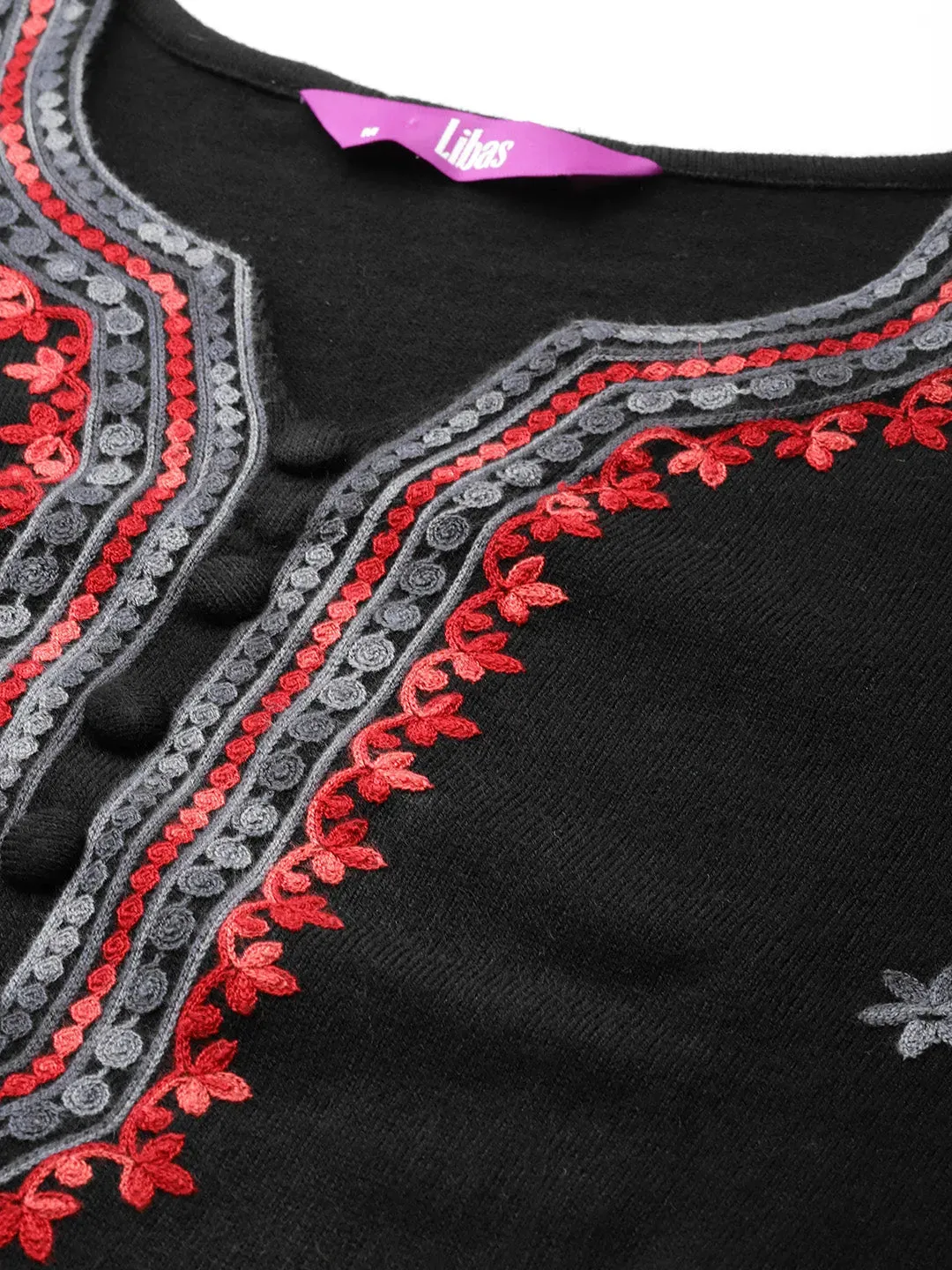 Black Embroidered Wool Straight Kurta Set