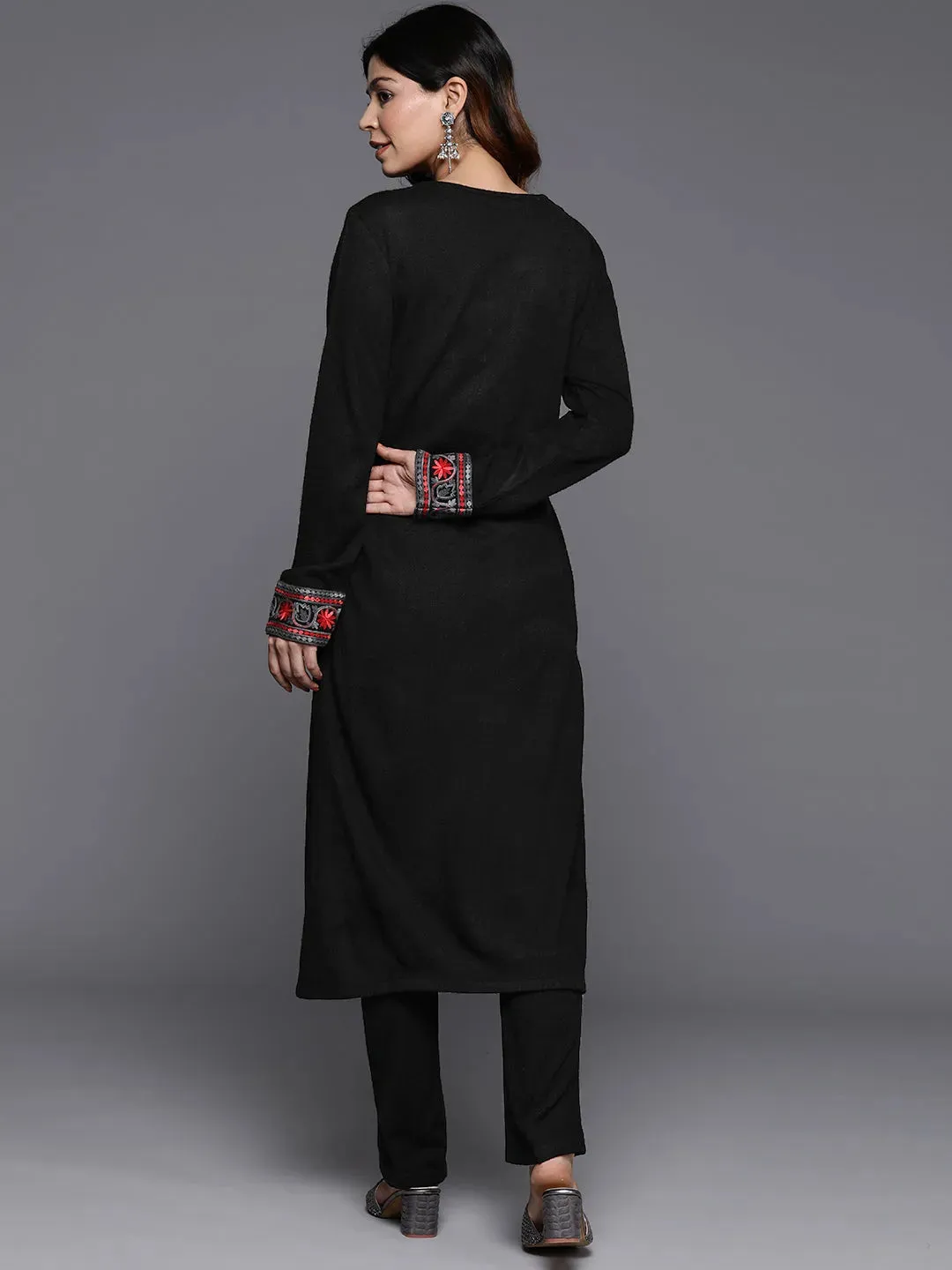 Black Embroidered Wool Straight Kurta Set