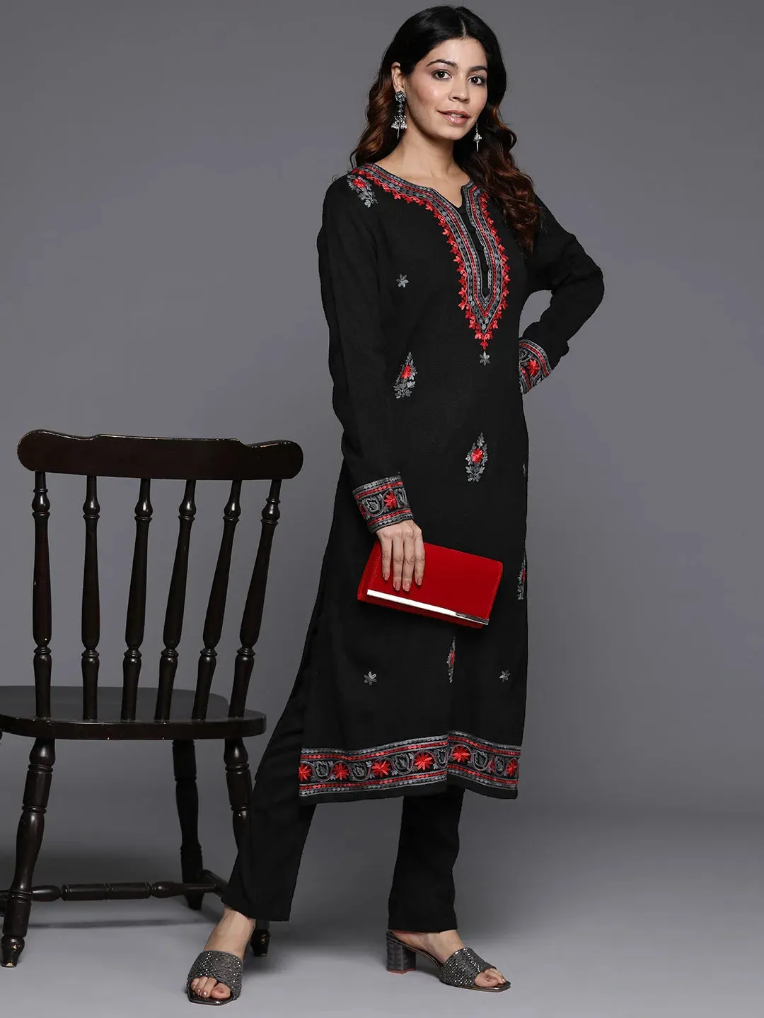 Black Embroidered Wool Straight Kurta Set