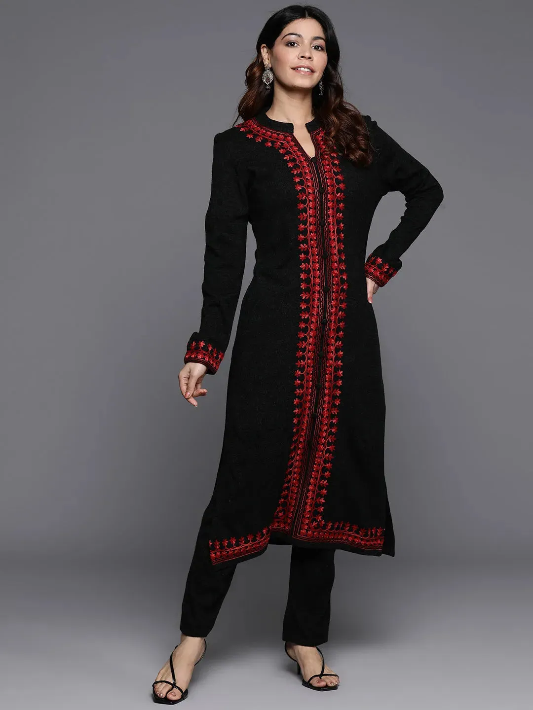 Black Embroidered Wool Straight Kurta Set