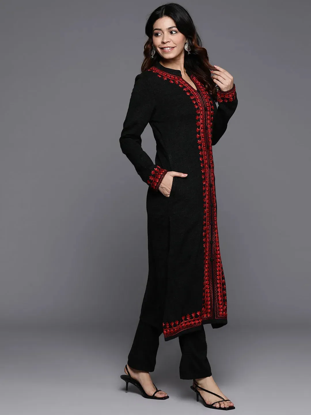 Black Embroidered Wool Straight Kurta Set