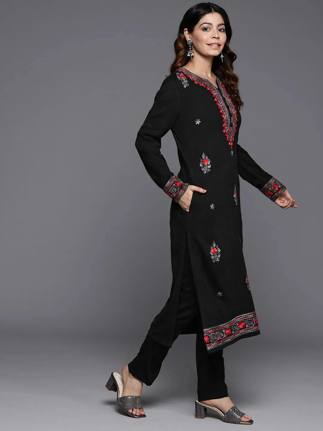 Black Embroidered Wool Straight Kurta Set