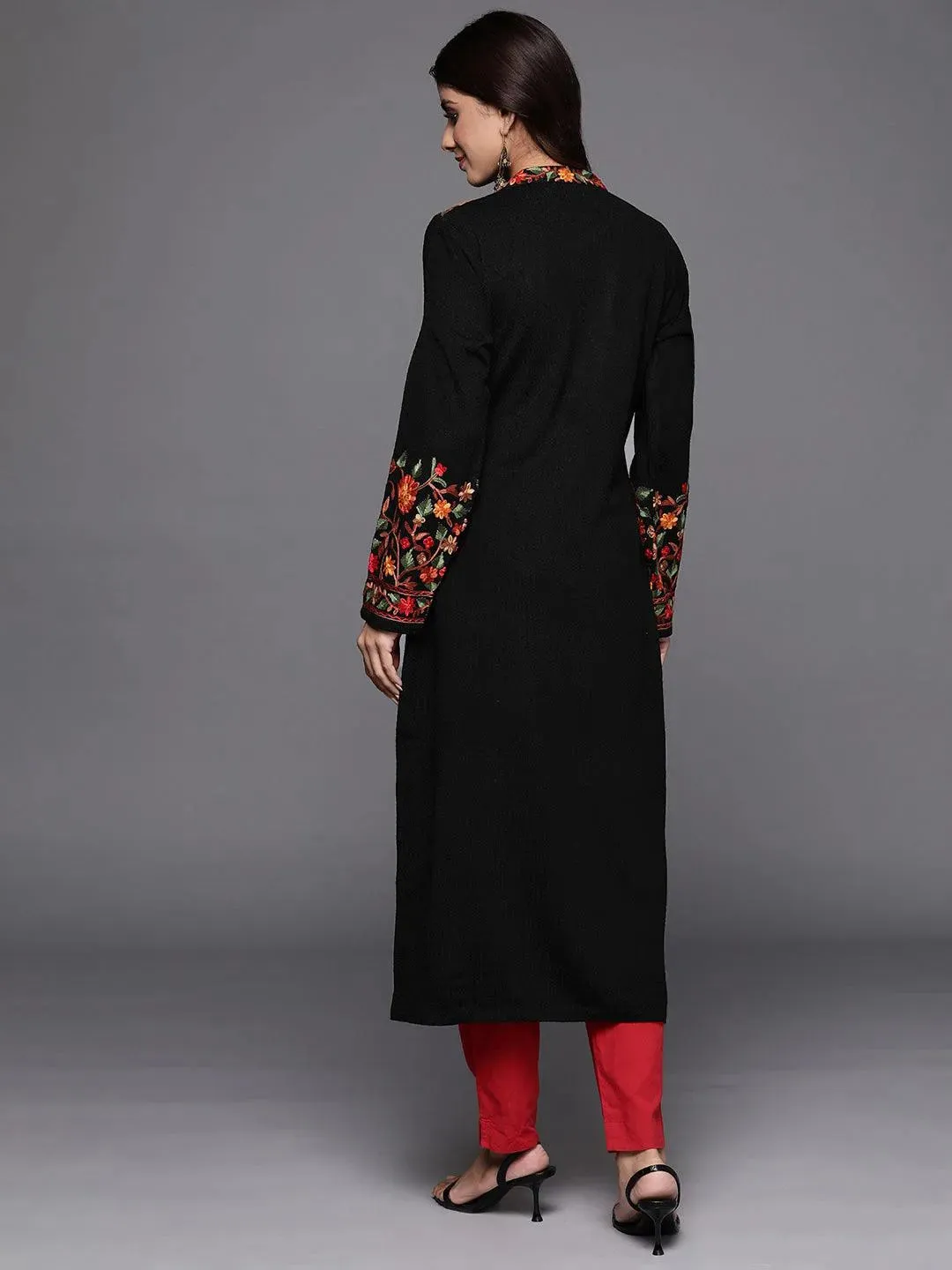 Black Embroidered Wool Straight Kurta