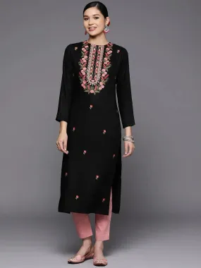 Black Embroidered Wool Straight Kurta