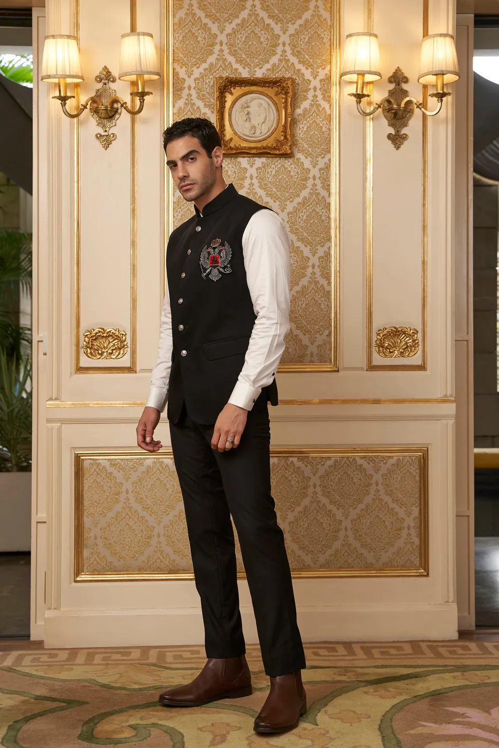 Black Nehru Jacket with Crest Patch