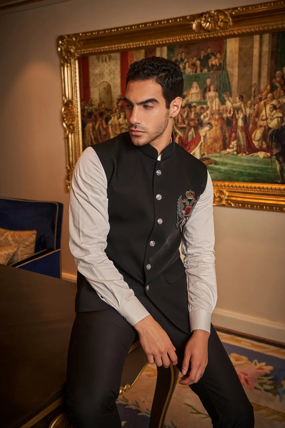 Black Nehru Jacket with Crest Patch