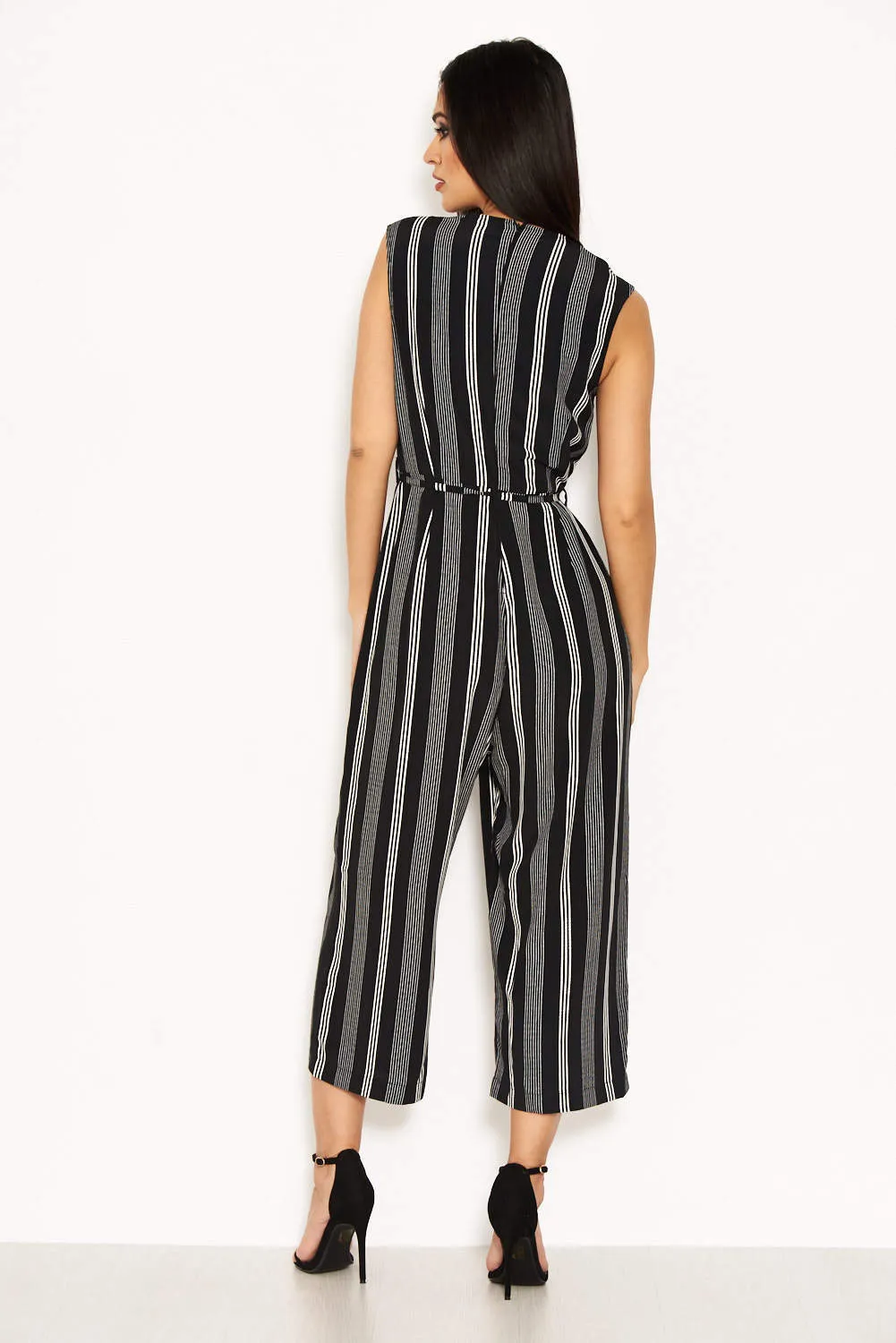 Black Striped Tie Waist Jumpsuit