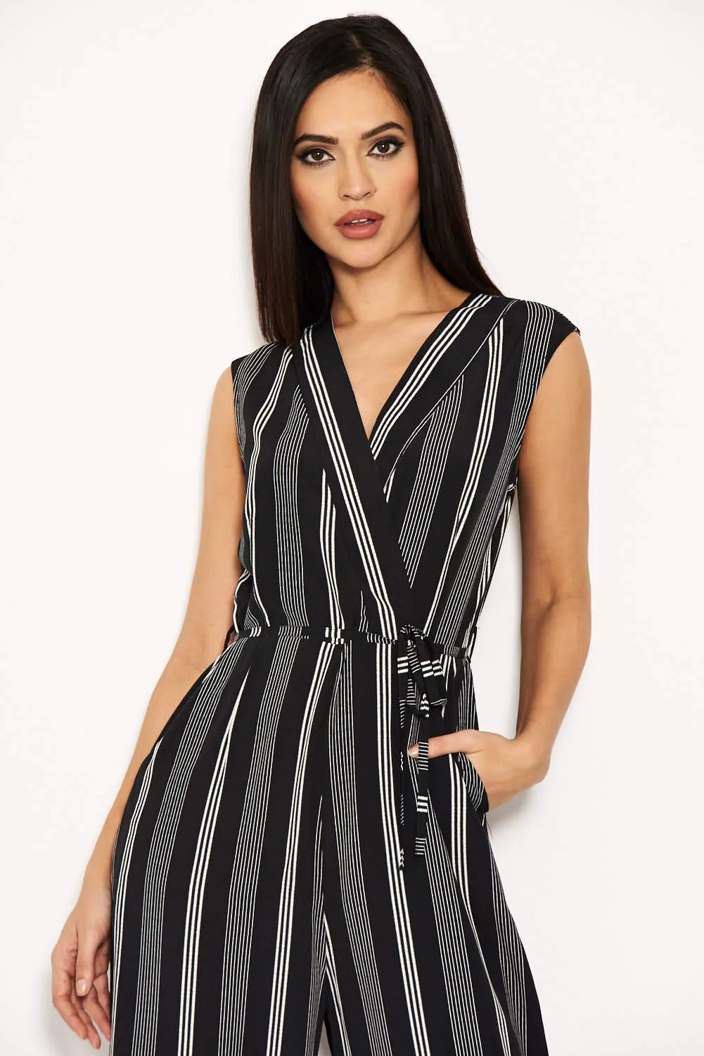 Black Striped Tie Waist Jumpsuit