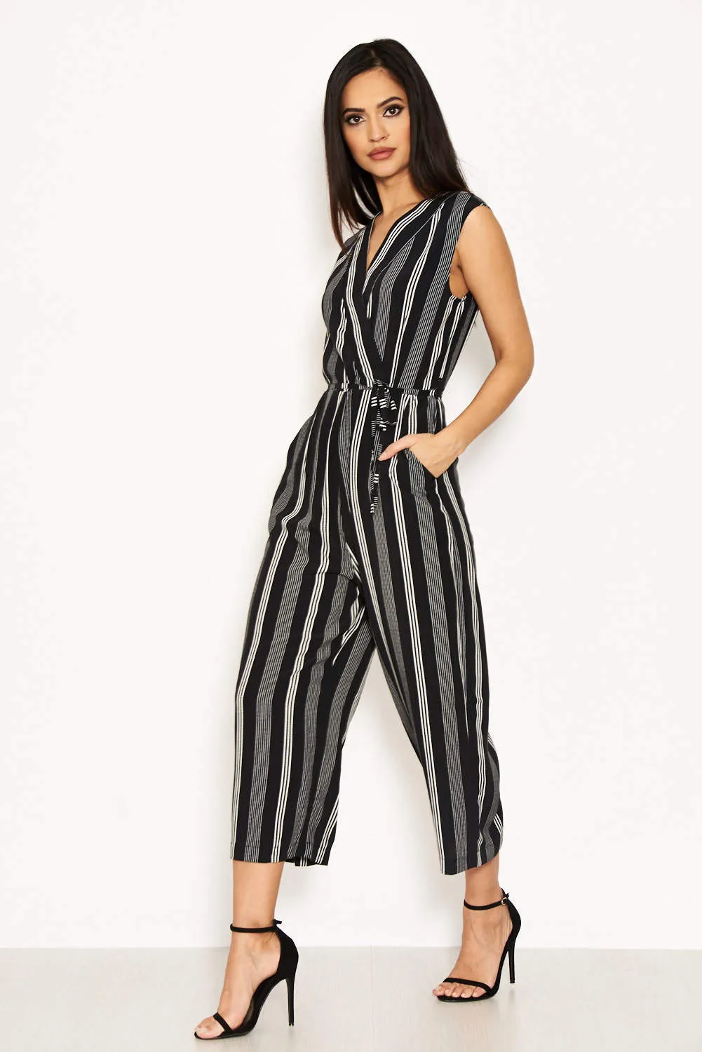 Black Striped Tie Waist Jumpsuit