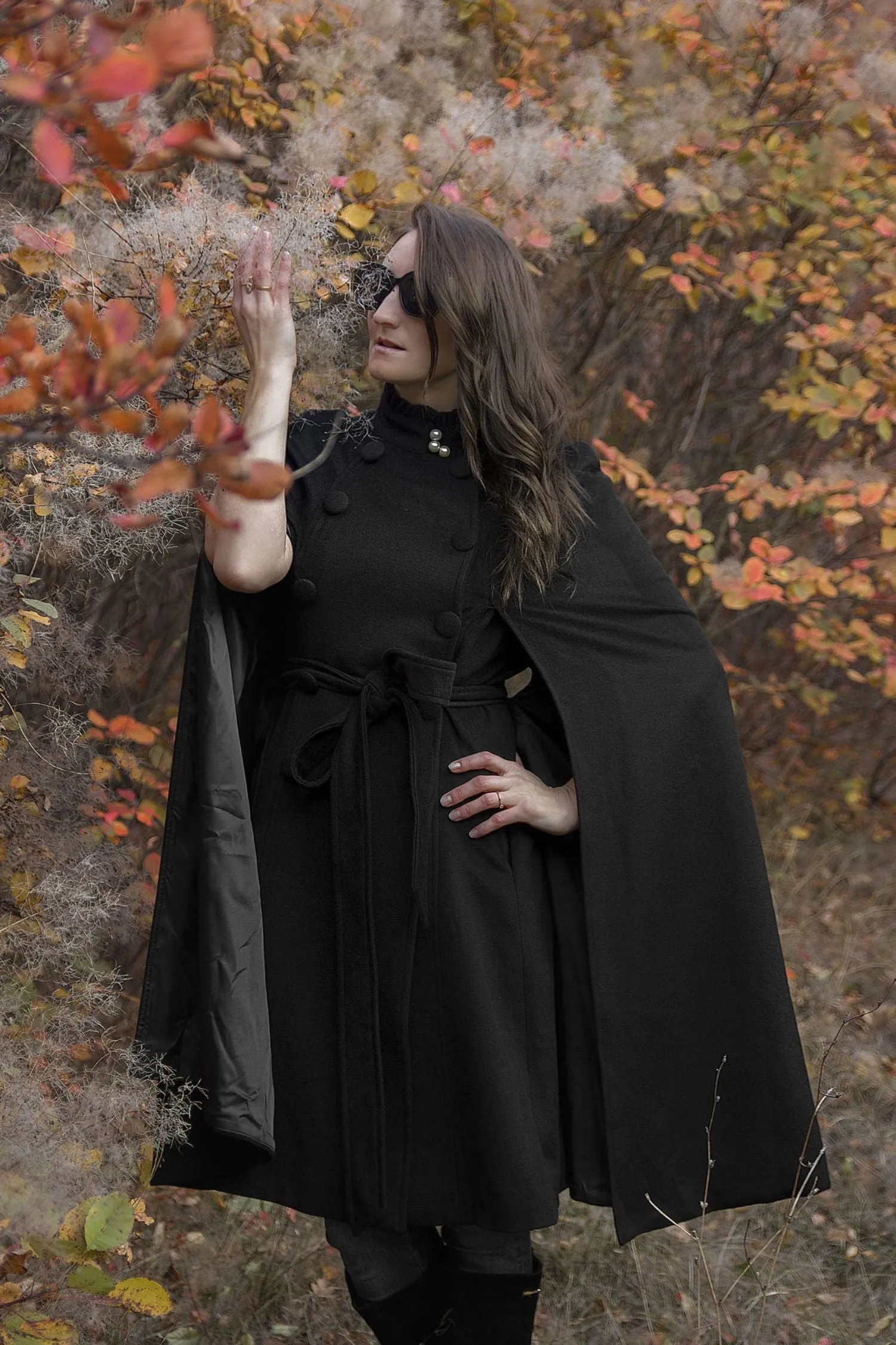 Black Winter Wool Cape Coat 3216