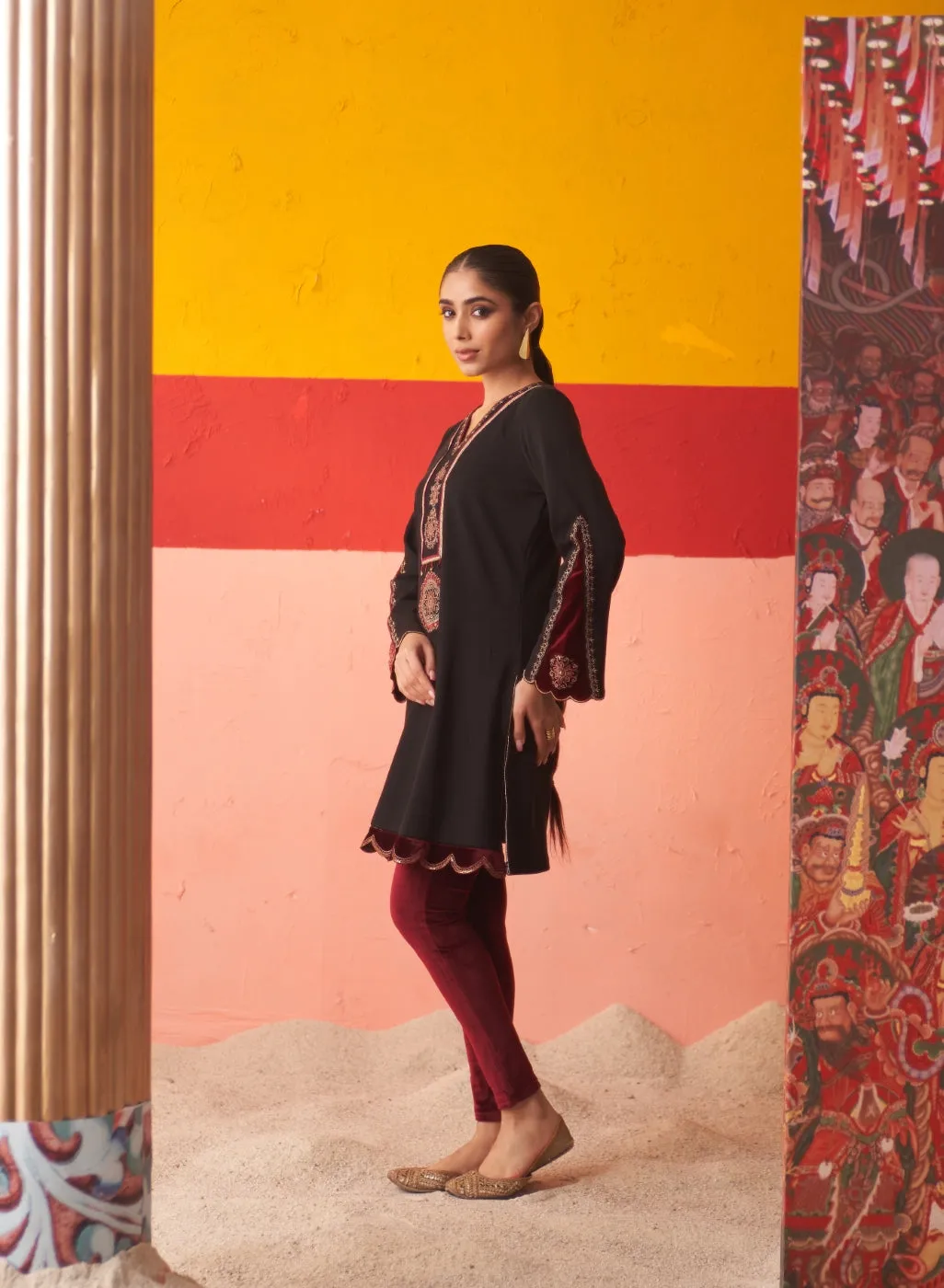 Black Women’s Woollen Kurti with Inserts and Zari Work