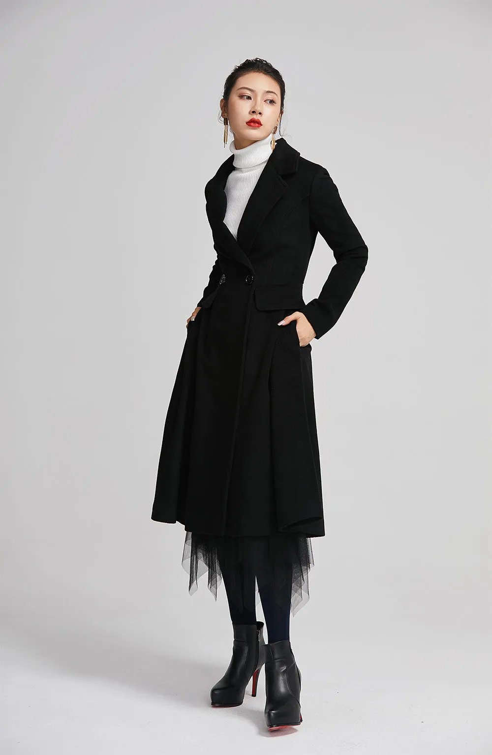 black wool winter coat with double breasted for women  2259