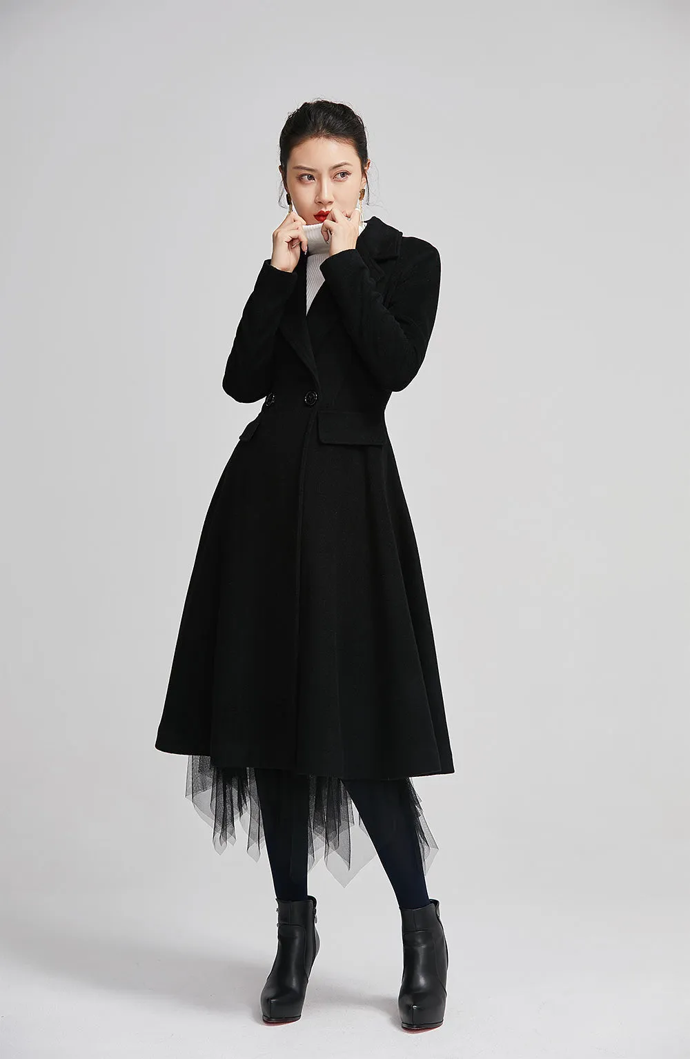 black wool winter coat with double breasted for women  2259