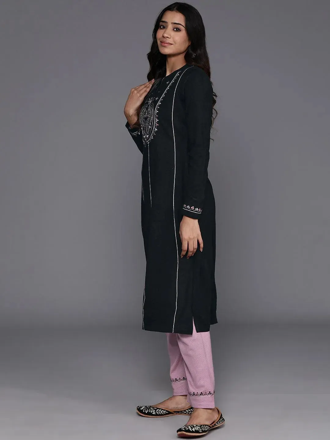 Black Yoke Design Wool Blend A-Line Kurta With Palazzos & Dupatta