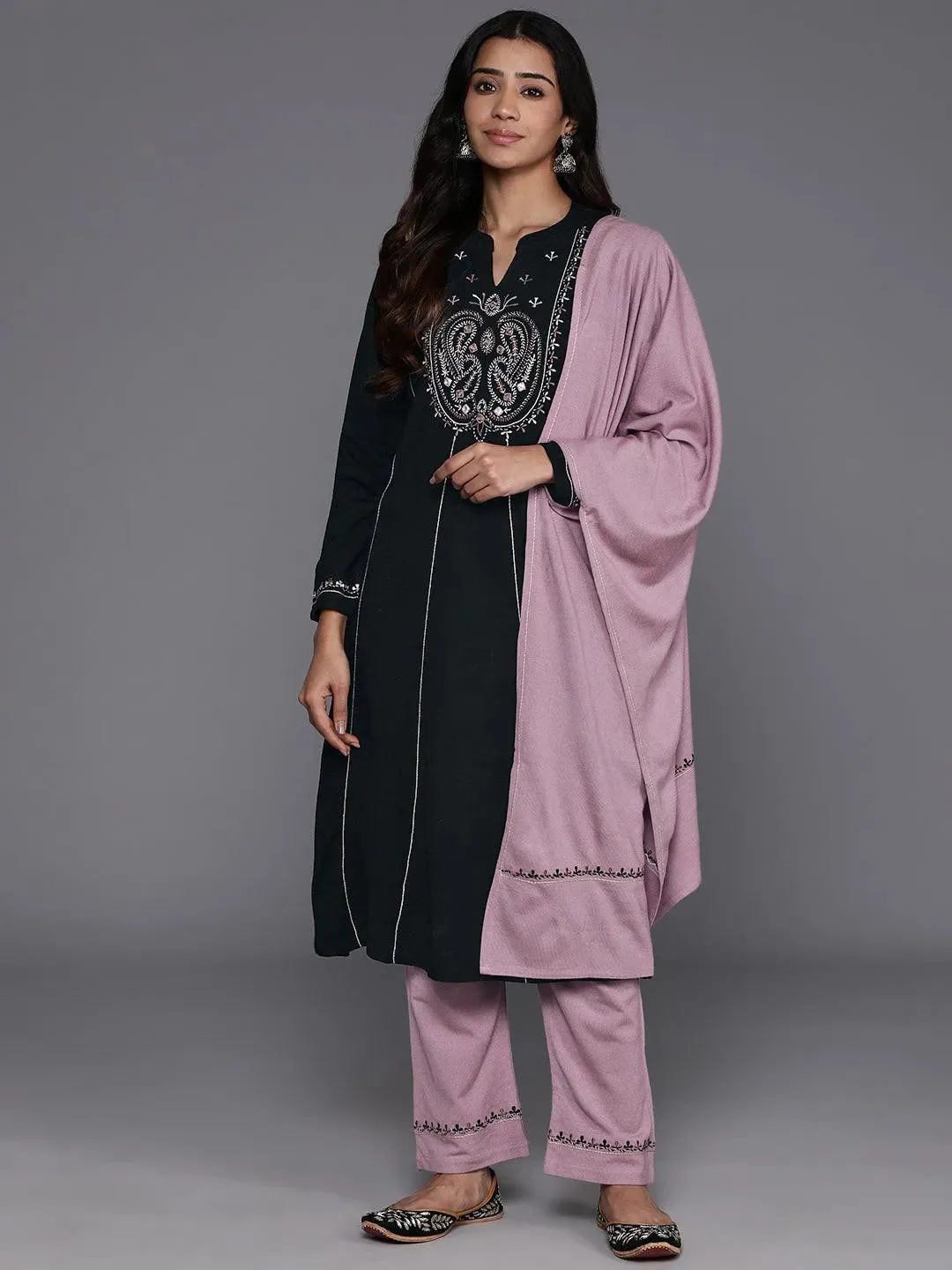 Black Yoke Design Wool Blend A-Line Kurta With Palazzos & Dupatta