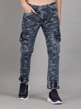 Blue Denim Camouflage Printed Slim Fit Jeans for Men (GBDNM5009)