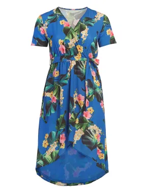 Blue Tropical Print Faux Wrap Dress