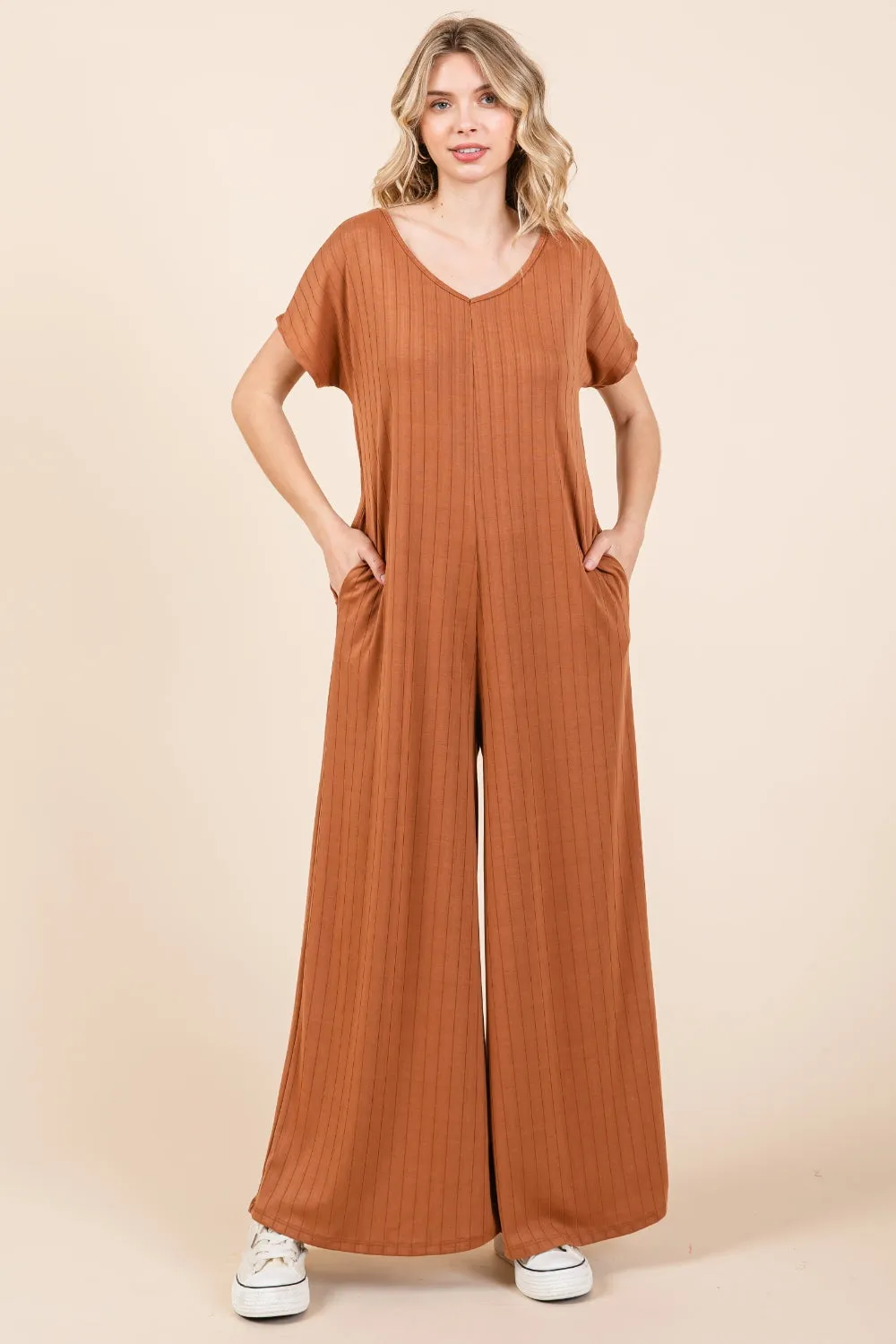 Blue Zone Planet |  BOMBOM Ribbed Short Sleeve Wide Leg Jumpsuit