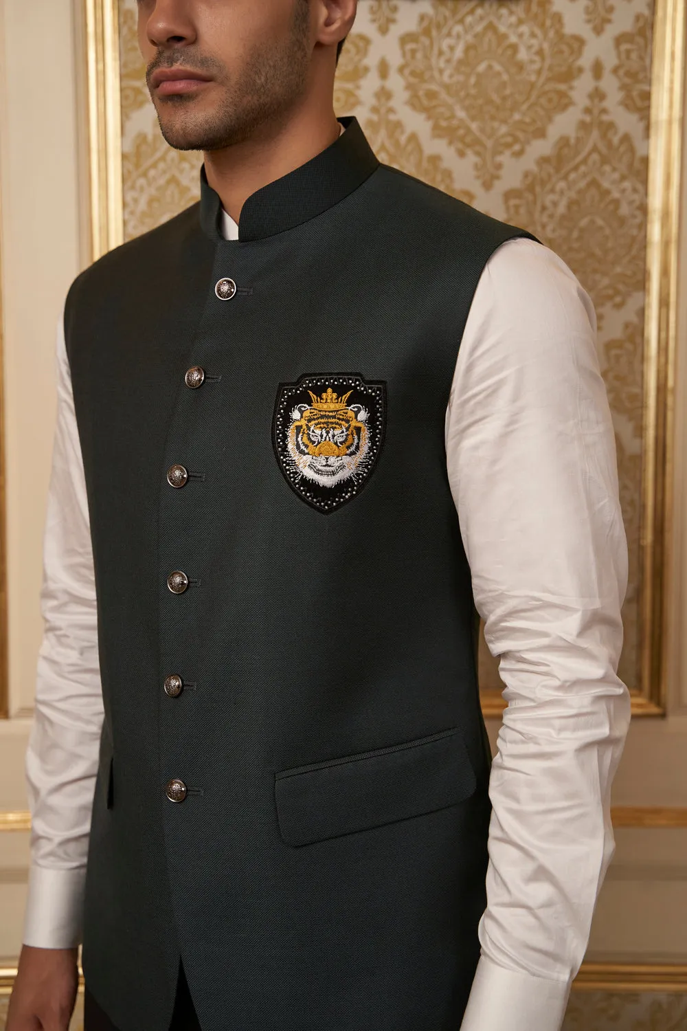 Bottle Green Nehru Jacket with Tiger Patch