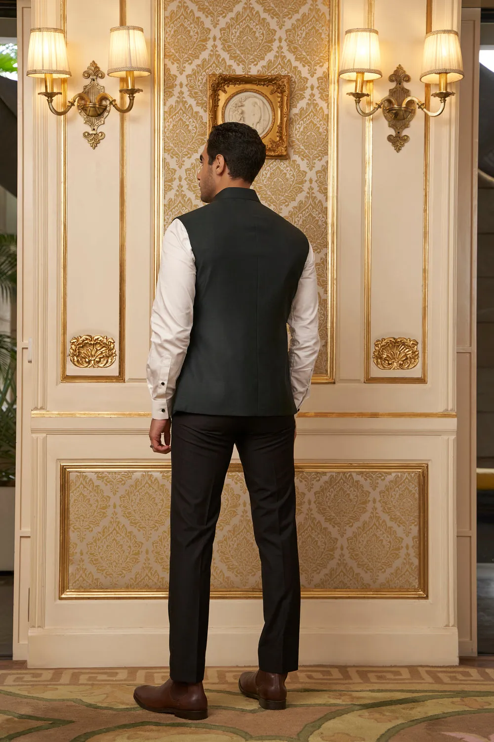 Bottle Green Nehru Jacket with Tiger Patch