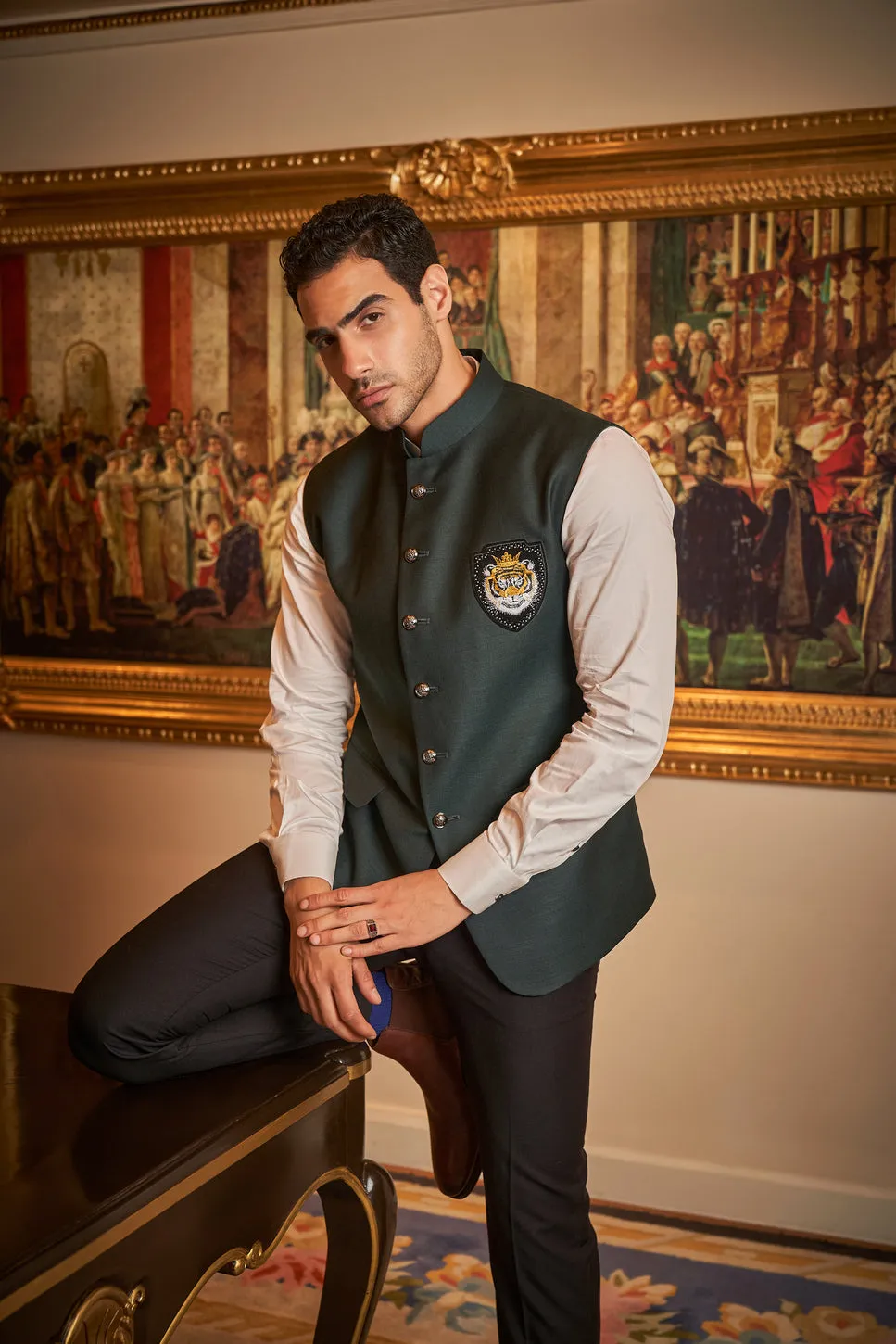 Bottle Green Nehru Jacket with Tiger Patch