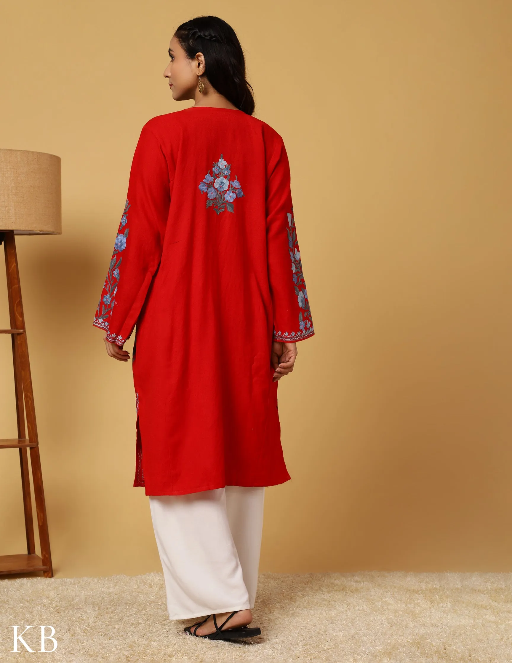 Cherry Red Aari Embroidered Pure wool Phiran