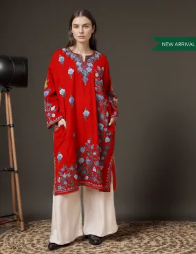 Cherry Red Aari Embroidered Pure wool Phiran