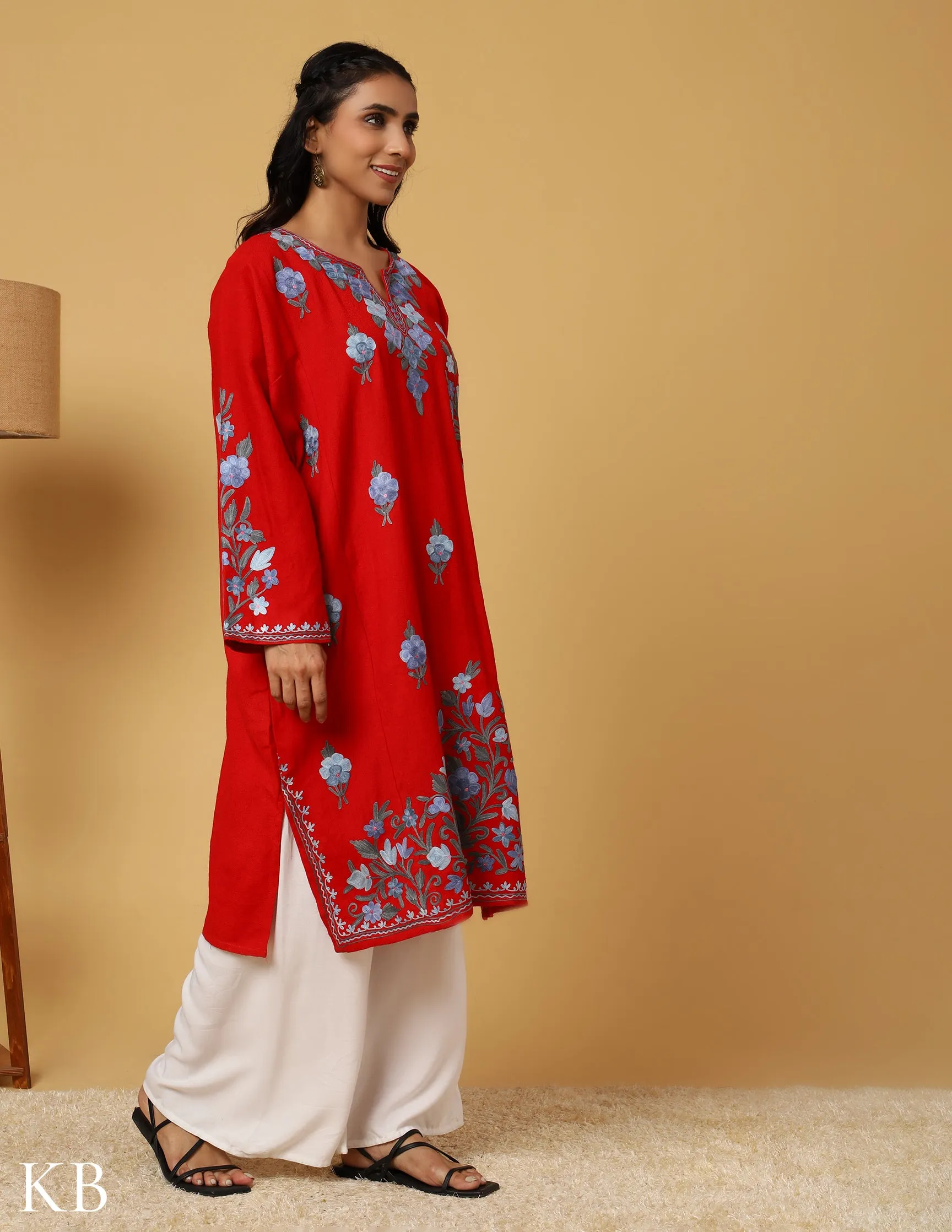 Cherry Red Aari Embroidered Pure wool Phiran