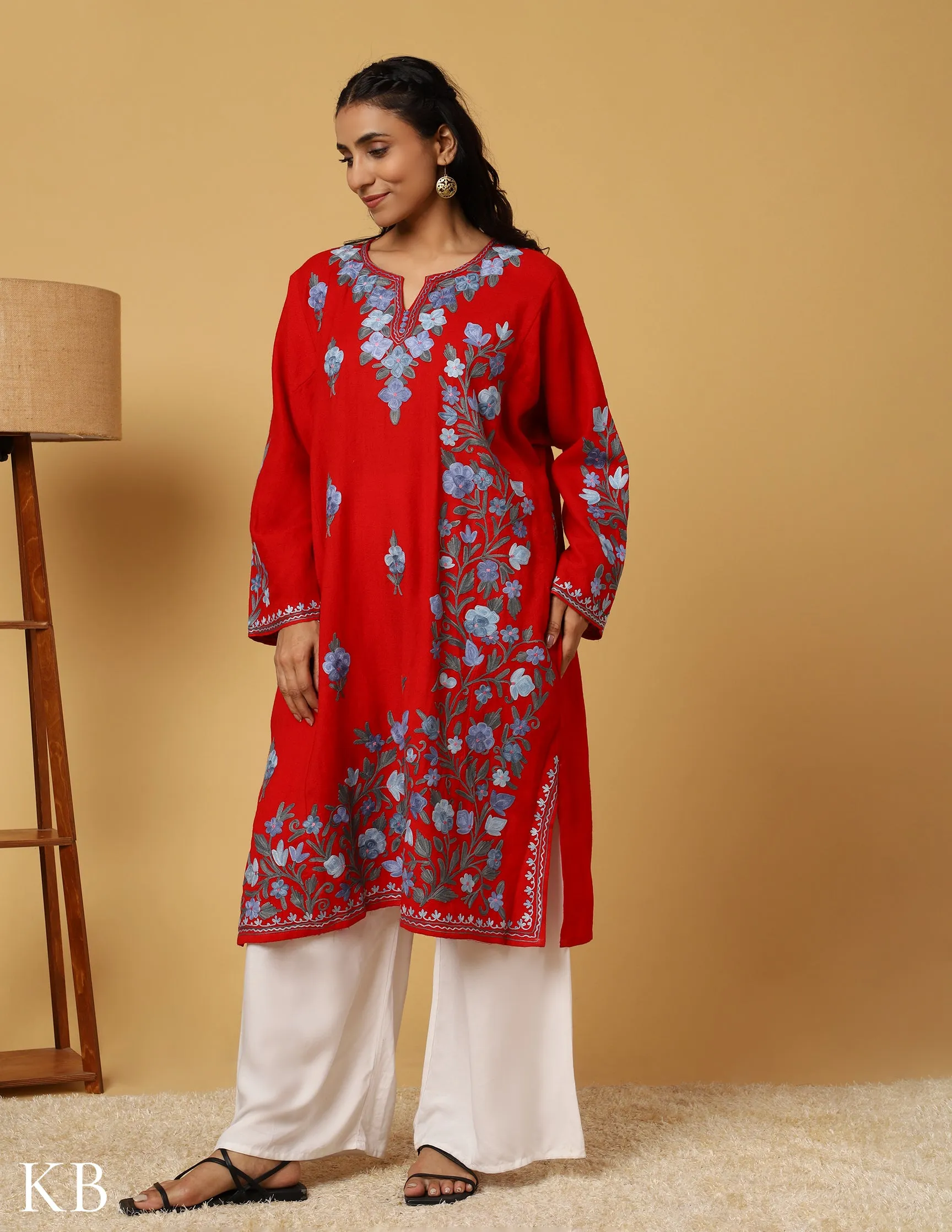 Cherry Red Aari Embroidered Pure wool Phiran