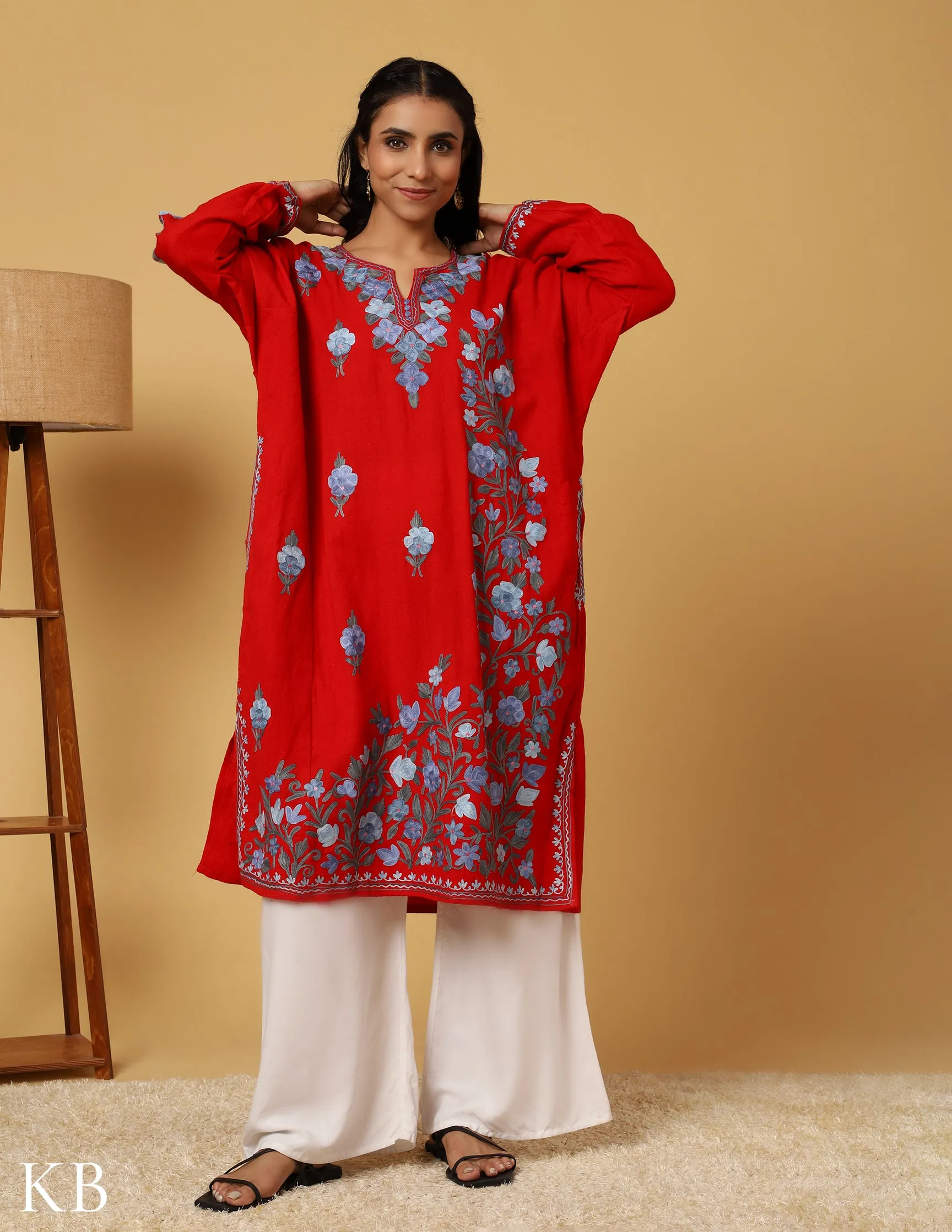 Cherry Red Aari Embroidered Pure wool Phiran