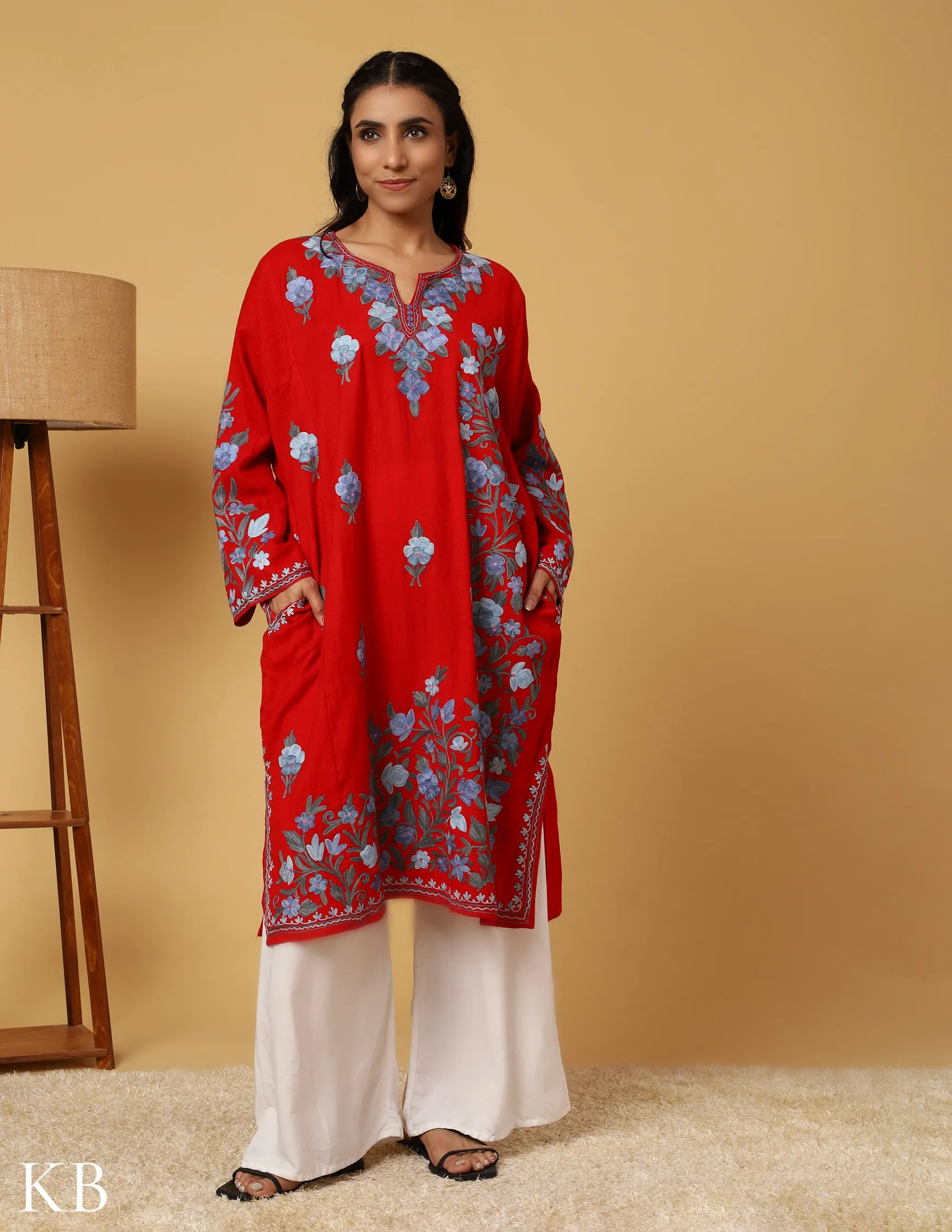 Cherry Red Aari Embroidered Pure wool Phiran