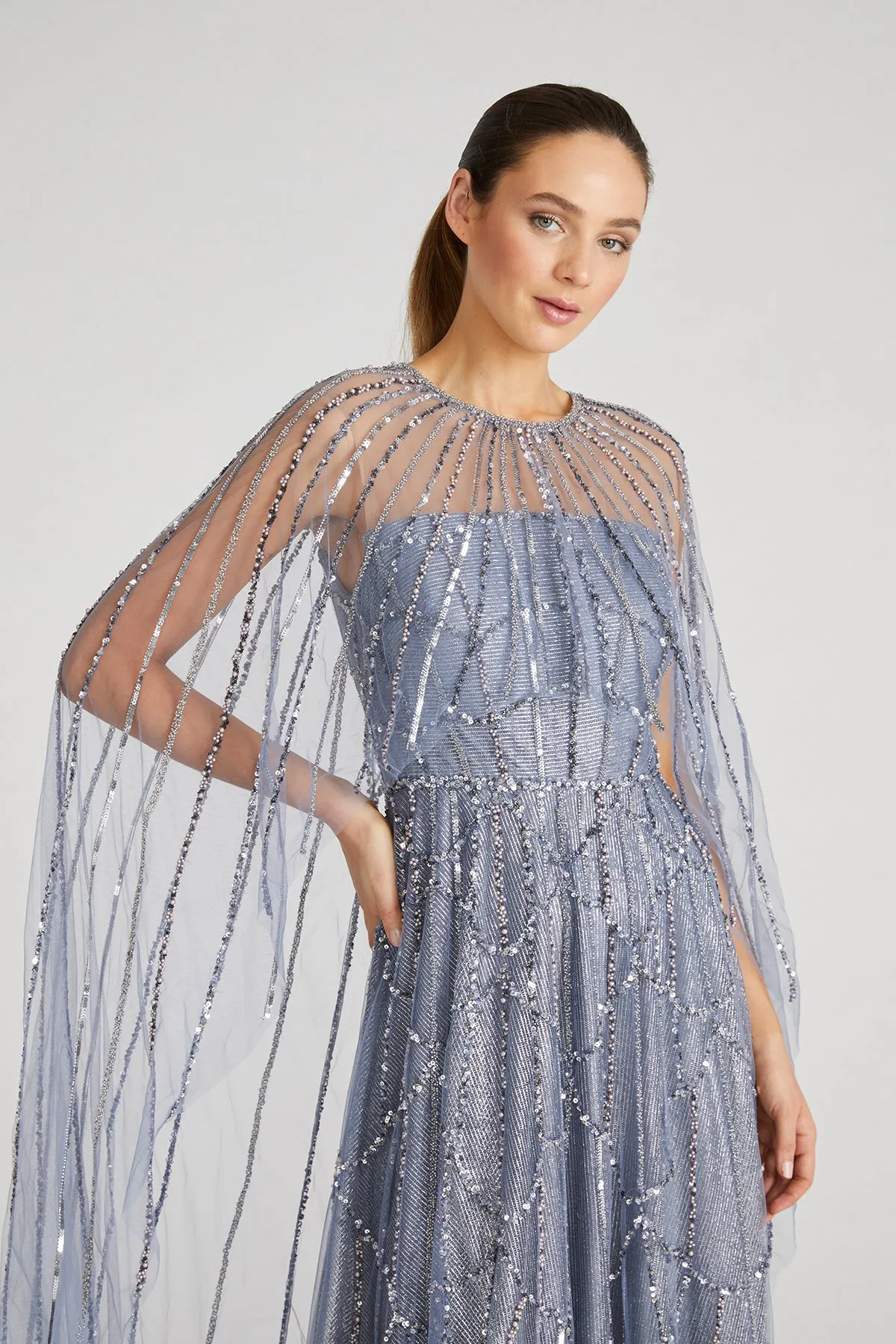 Cielo Beaded Cape Gown