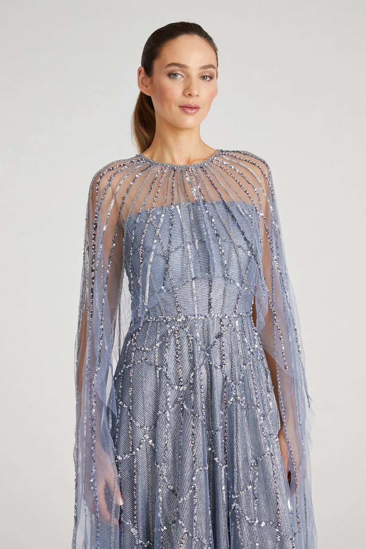 Cielo Beaded Cape Gown