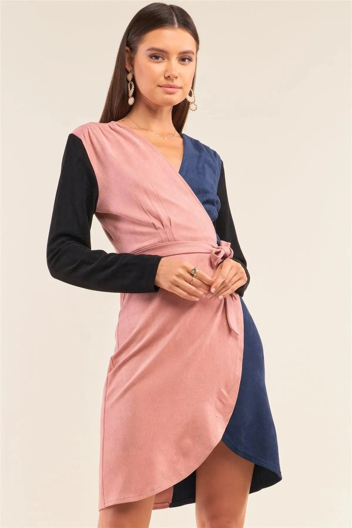 Color Block Suede Long Sleeve V-Neck Wrap Self-Tie Waist Tight Fit Statement Dress /2-1-3