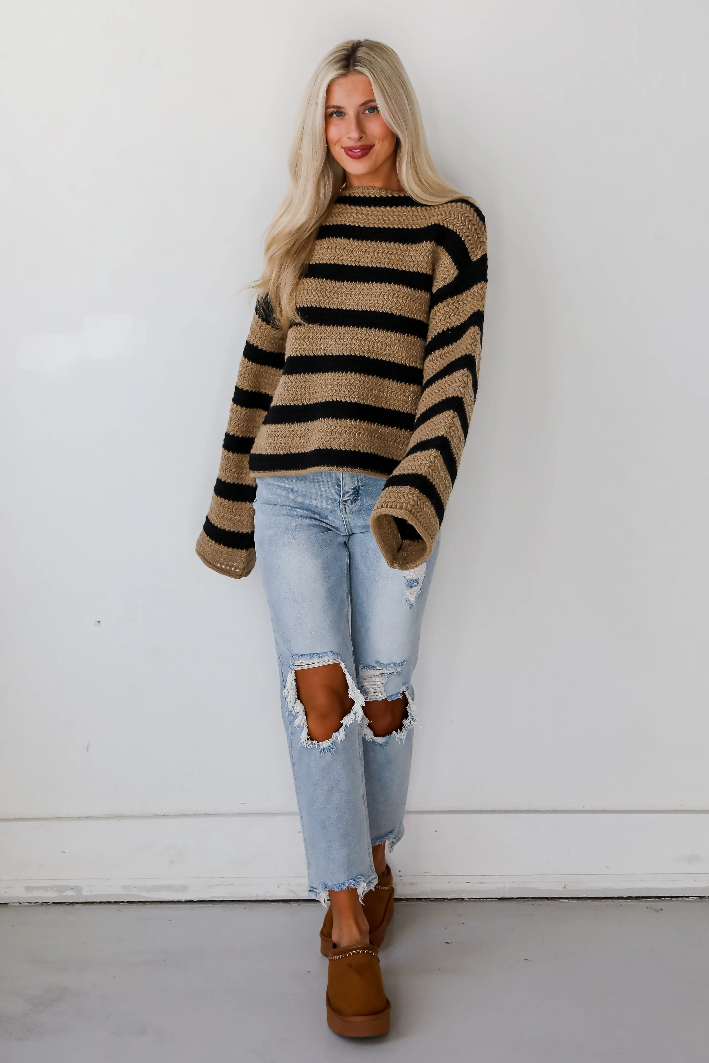 Cozy Warmth Taupe Striped Sweater